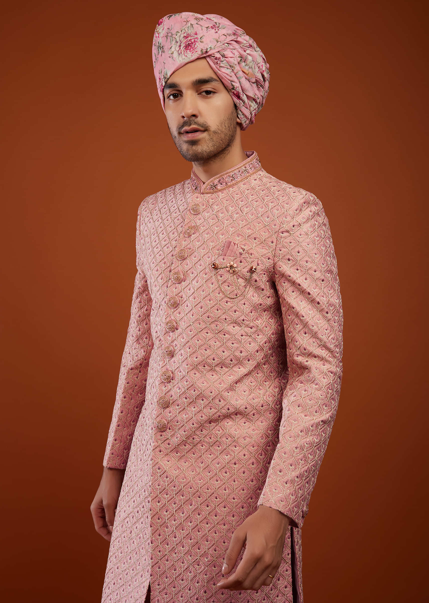 Blush Pink Sherwani In Silk With Embroidery
