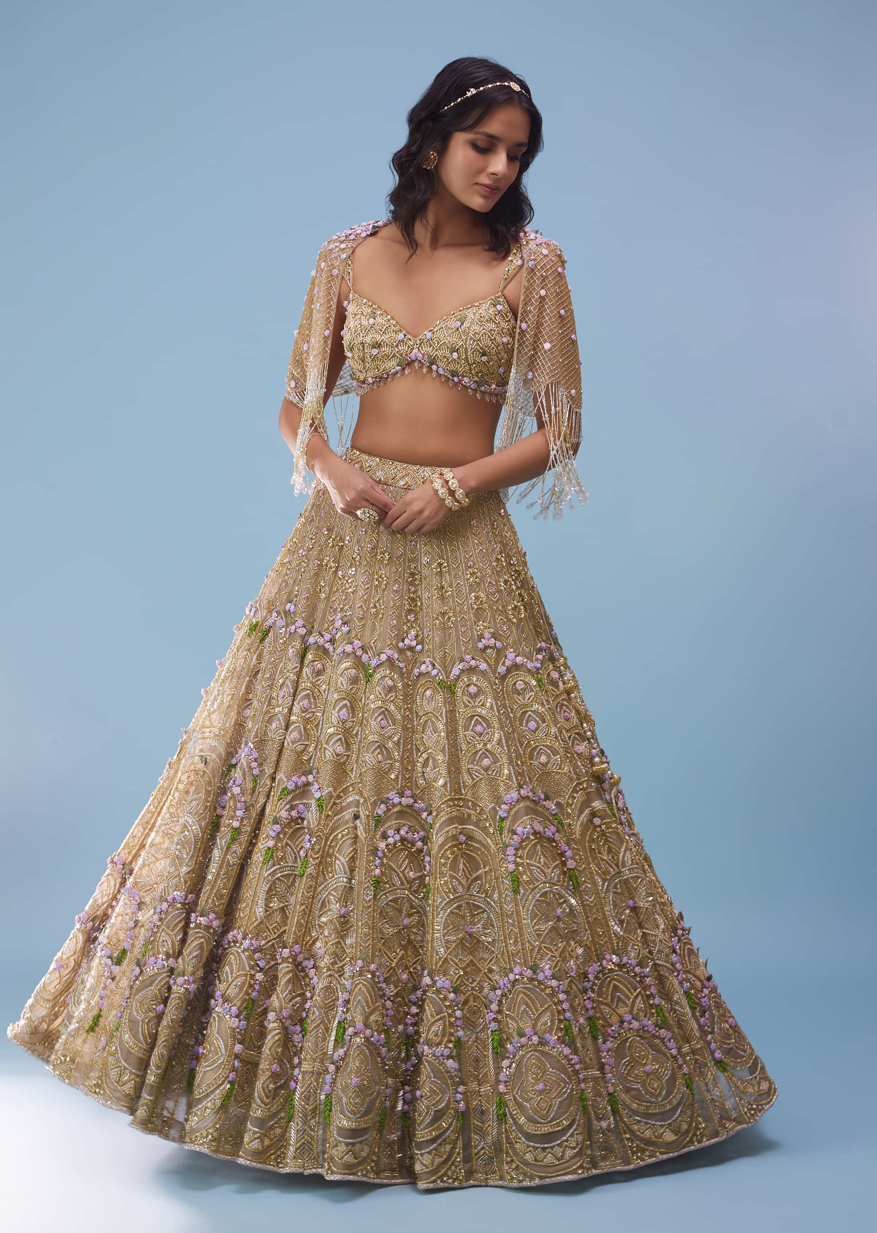 Kalki Bridal Naziaa Beige Lehenga With 3D FLoral Embroidery And An Embroidered Shoulder Rest- NOOR 2022