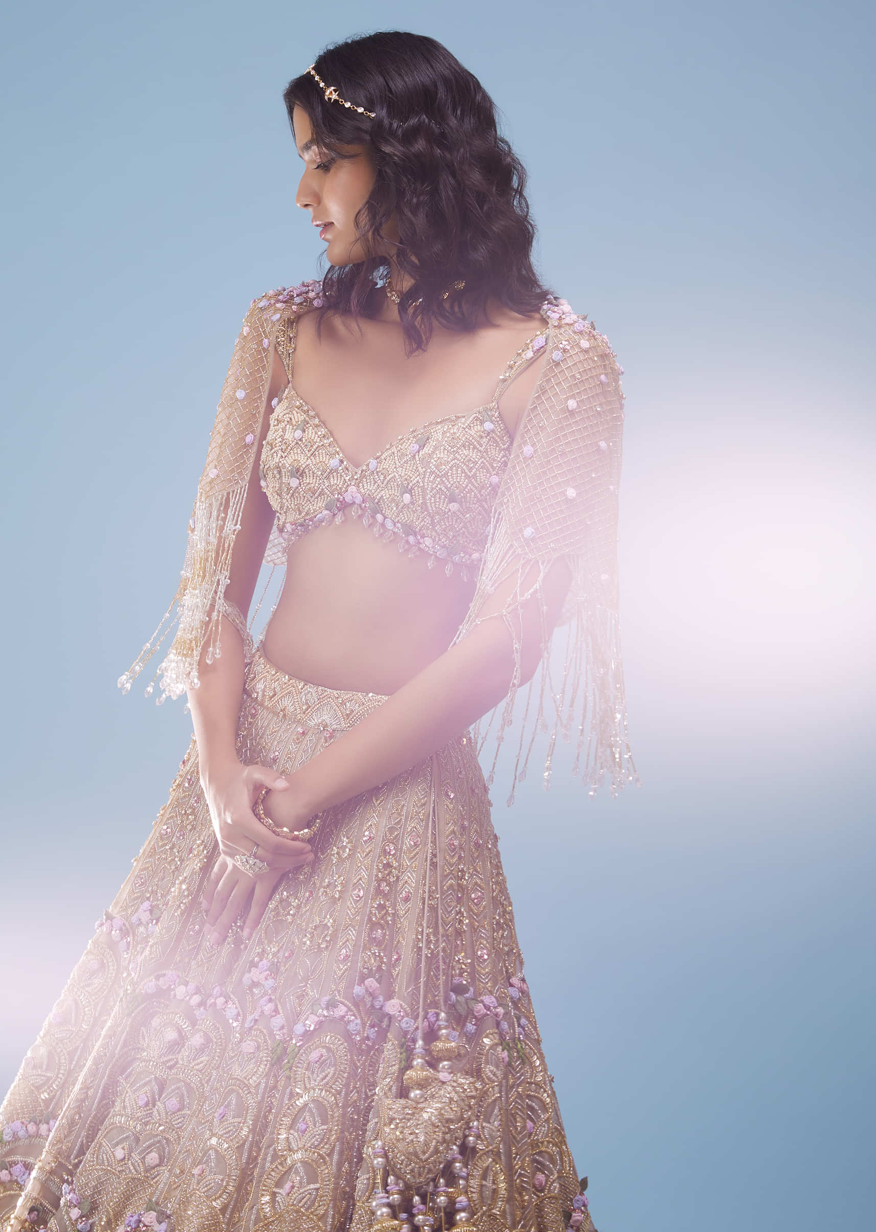 Bridal Naziaa Lehenga In Gold, Embroidered Shoulder Rest, And 3D Floral Embroidery - NOOR 2022