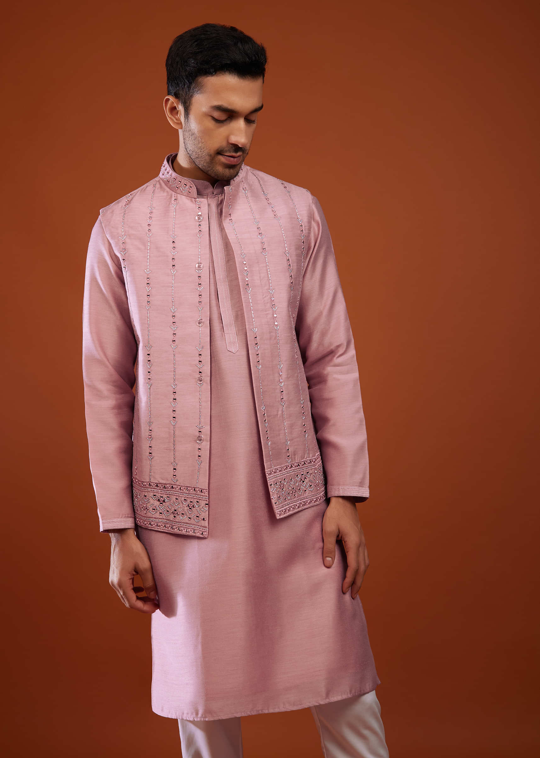 Kalki Bridal Rose Pink Bandi Jacket Kurta Set In Cotton Silk With Mirror Embroidery