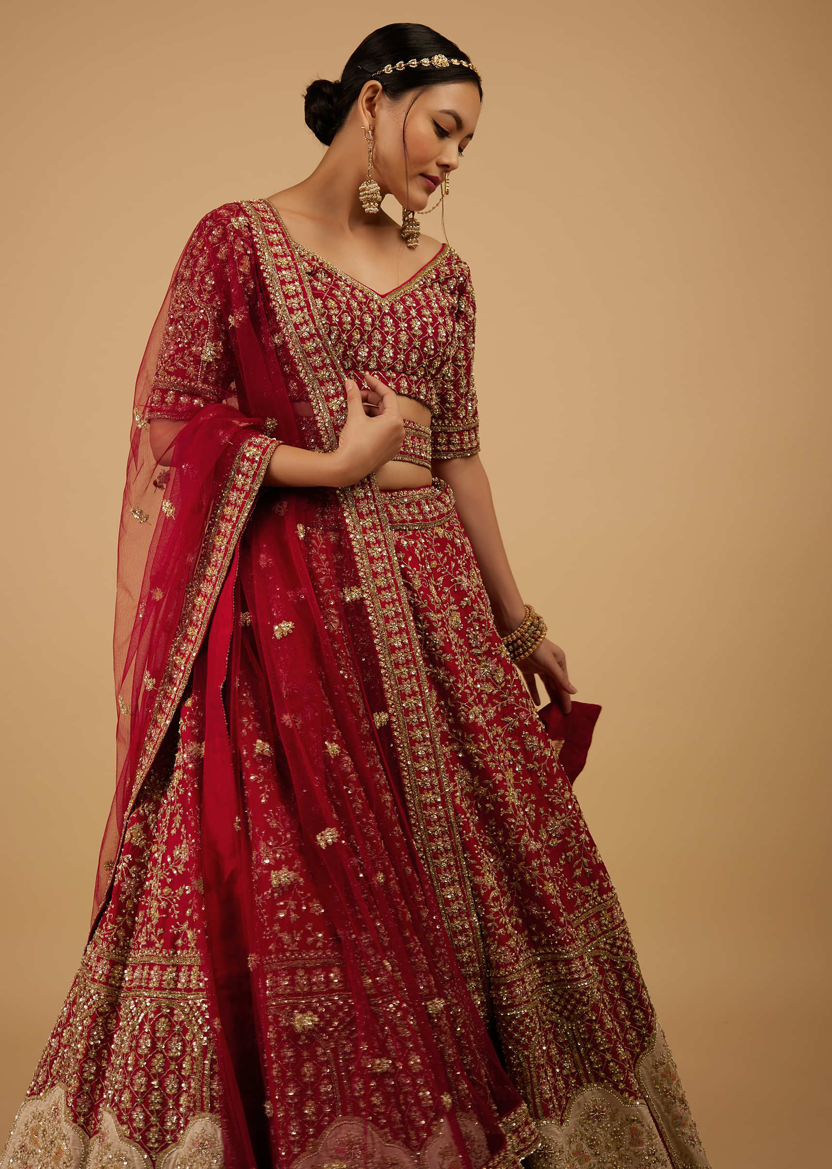 Bride And Baraat Apple Red Fully Embroidered Lavish Lehenga Choli With Belt