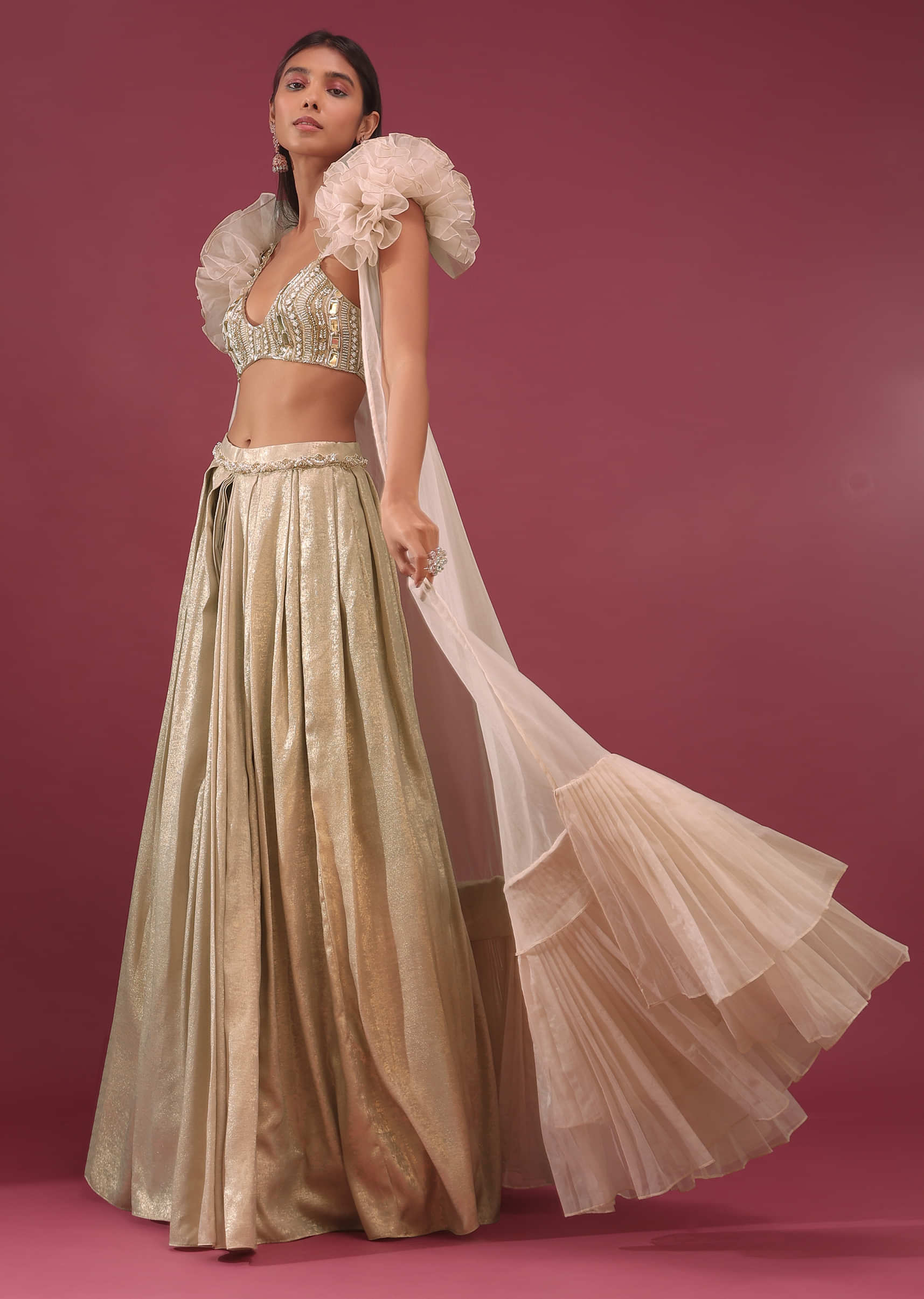 Bridesmaid Champagne Brown Palazzo Set With Ruffle Shrug And Embroidery