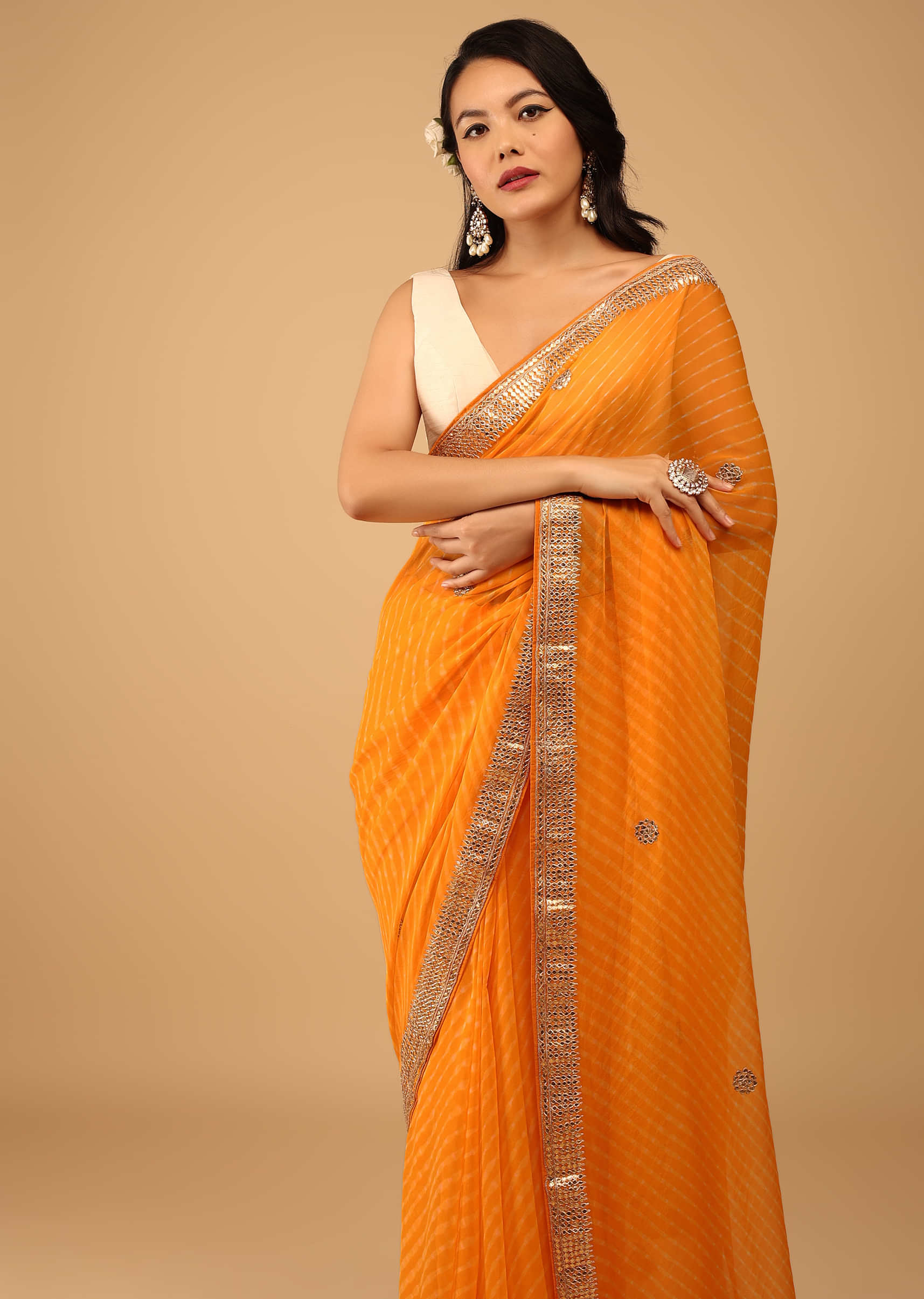 Bright Marigold Orange Georgette Leheriya Saree With Embroidery