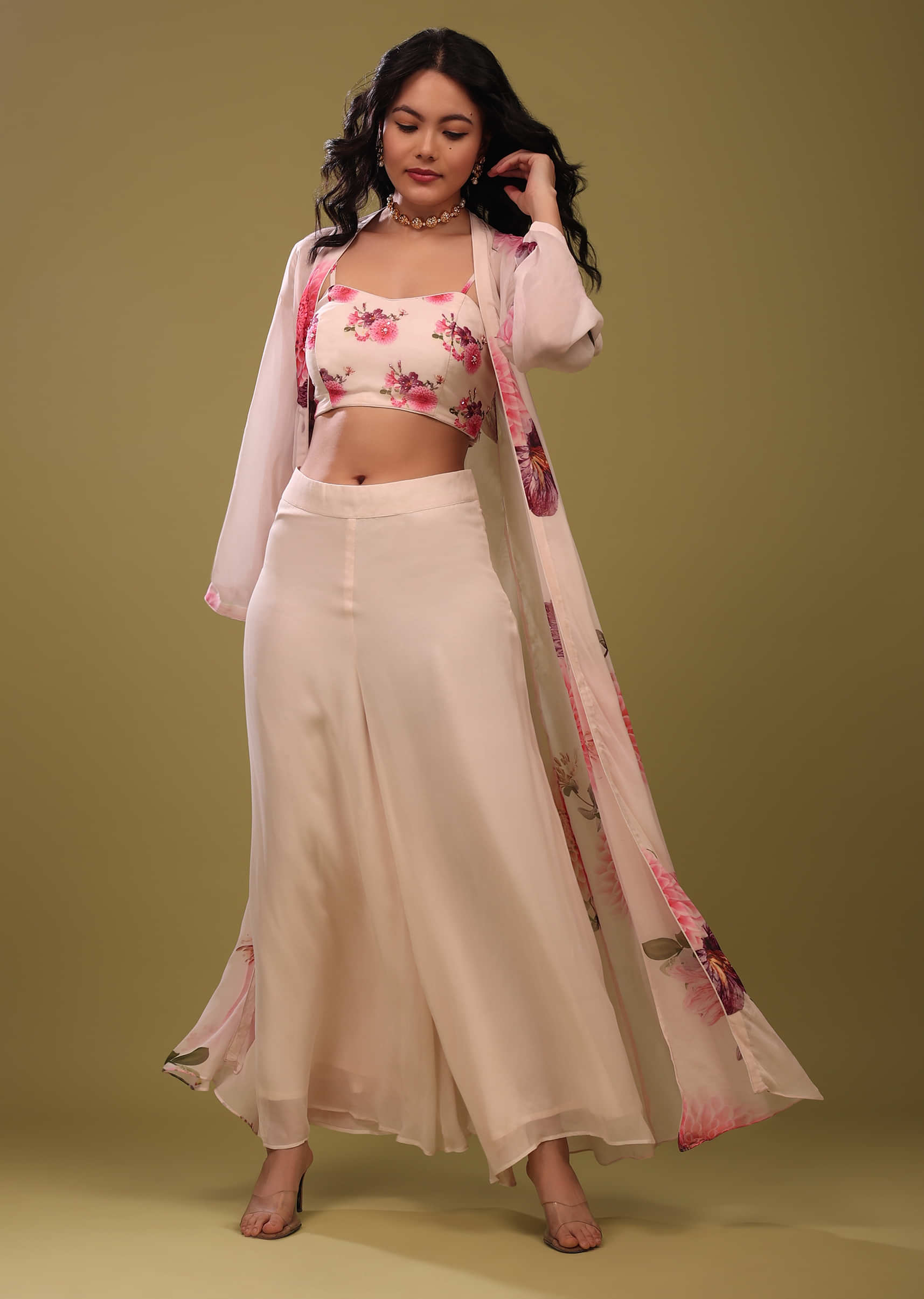 Bright White Palazzo Top Set With Shrug In A Breezy Floral Print And Embroidery