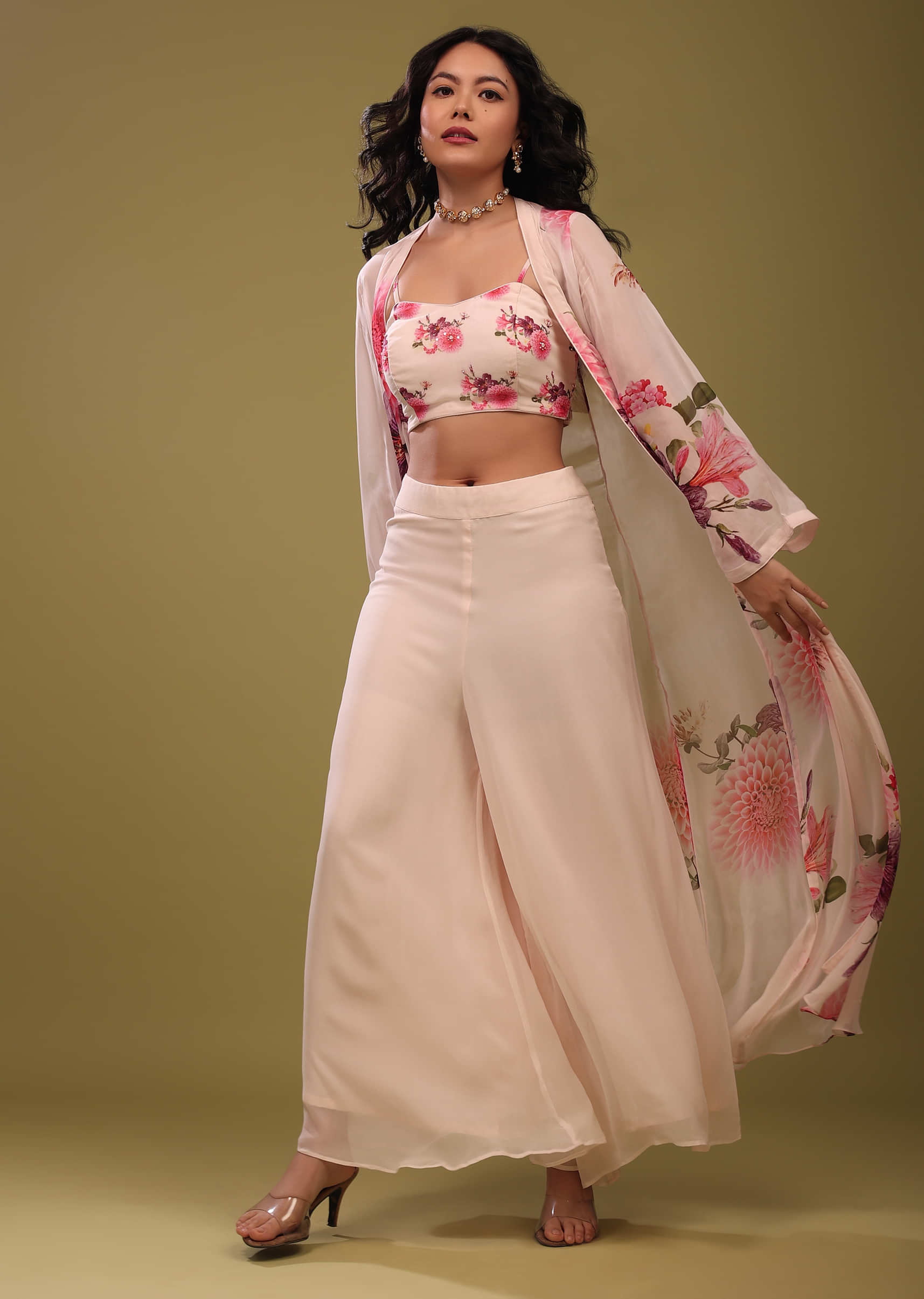 Bright White Palazzo Top Set With Shrug In A Breezy Floral Print And Embroidery