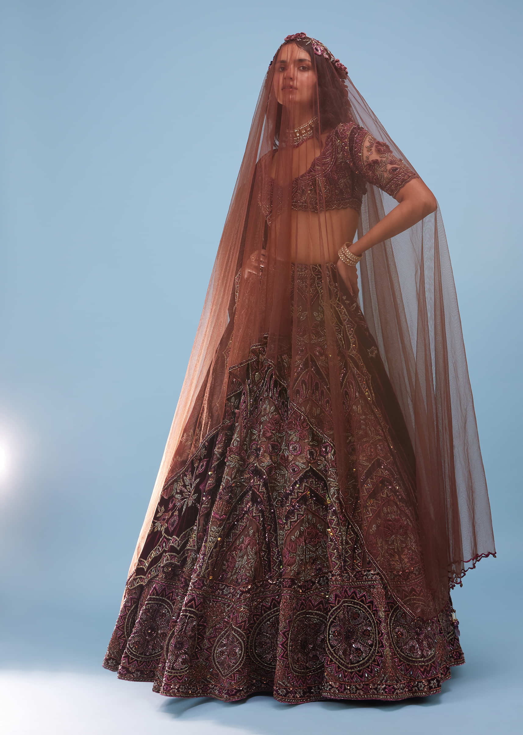 Kalki Brunette Brown Archetypal Lehenga In Velvet  Raw Silk With Heavy Embroidery And Trail - NOOR 2022
