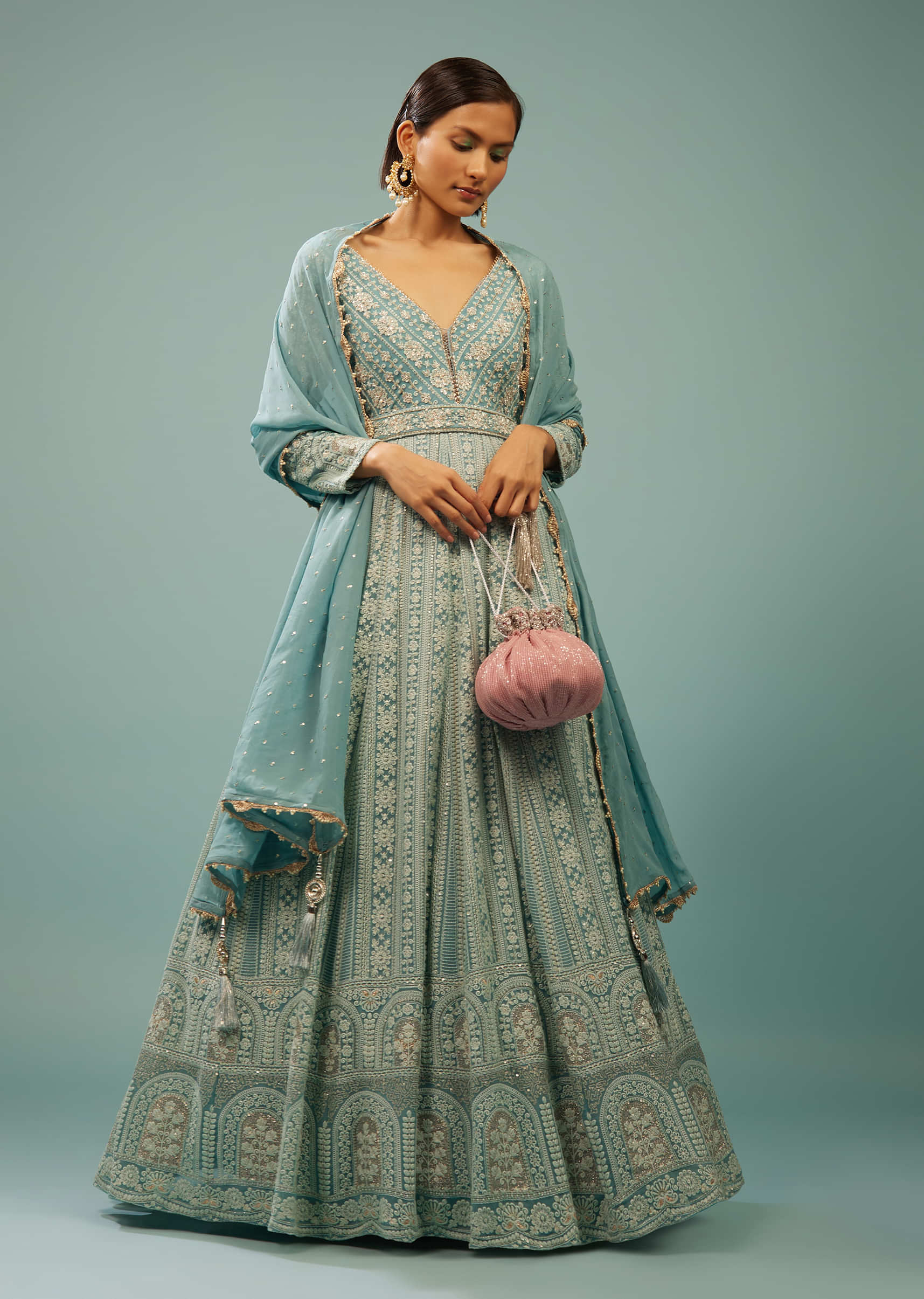 Powder Blue Lucknowi Anarkali Suit In Georgette With Embroidery