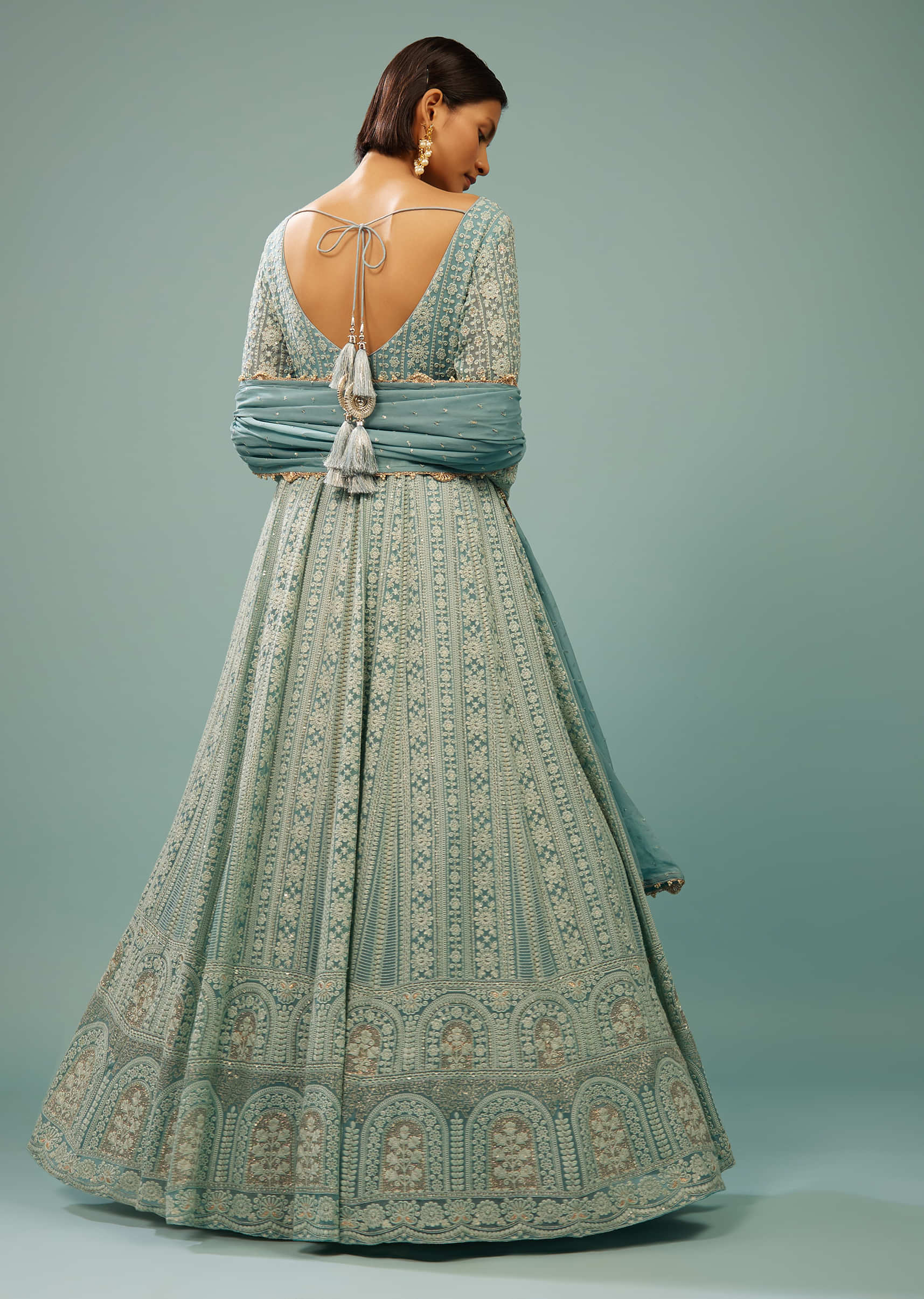 Powder Blue Lucknowi Anarkali Suit In Georgette With Embroidery