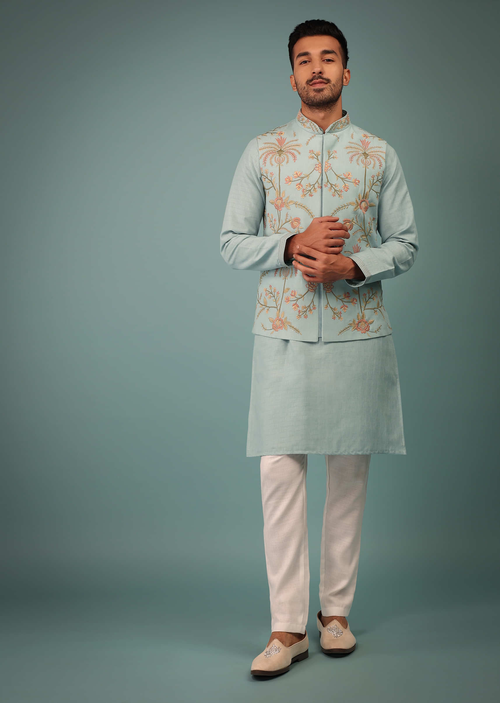 Powder Blue Bandi Jacket Set In Handloom With Pink & Brown Floral Jaal Embroidery