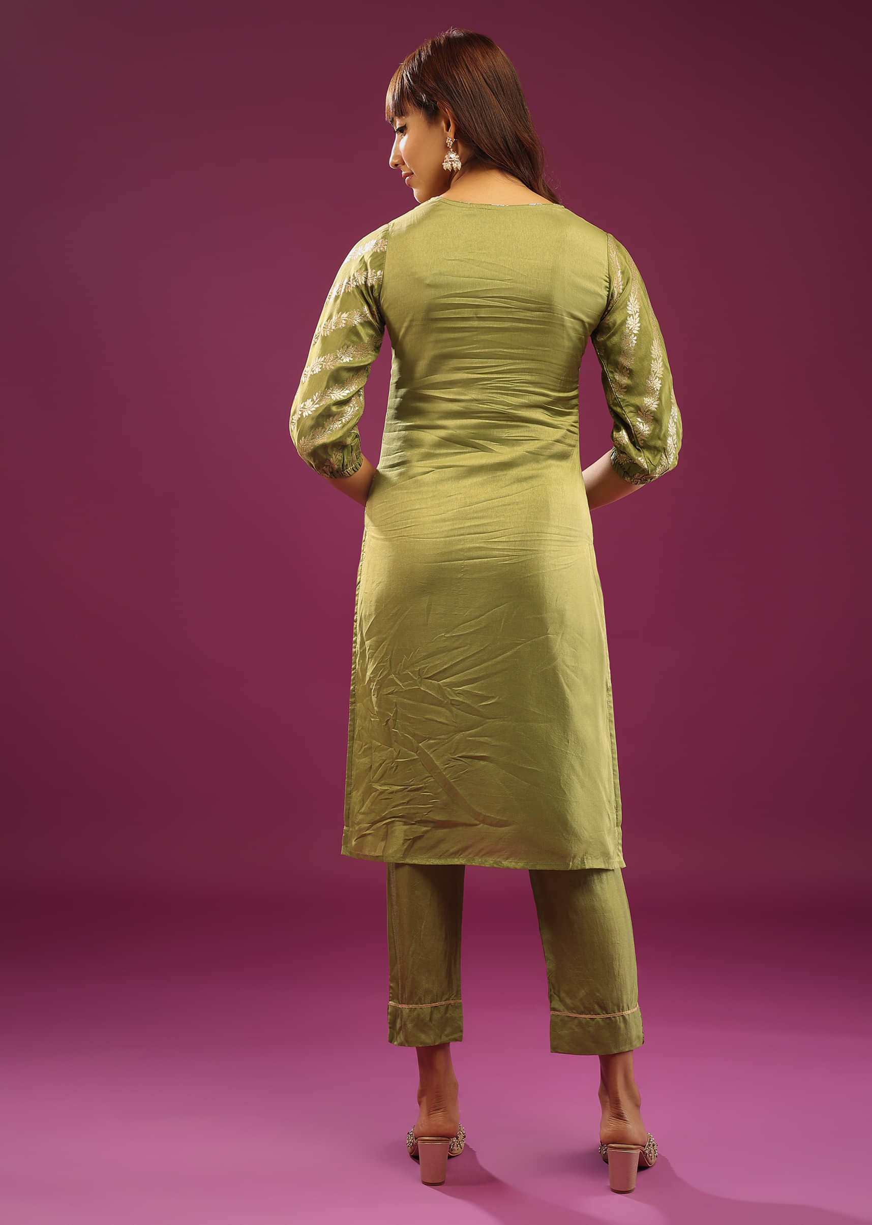 Moss Green Palazzo Suit Set In Banarasi Dola Silk With Brocade Weave