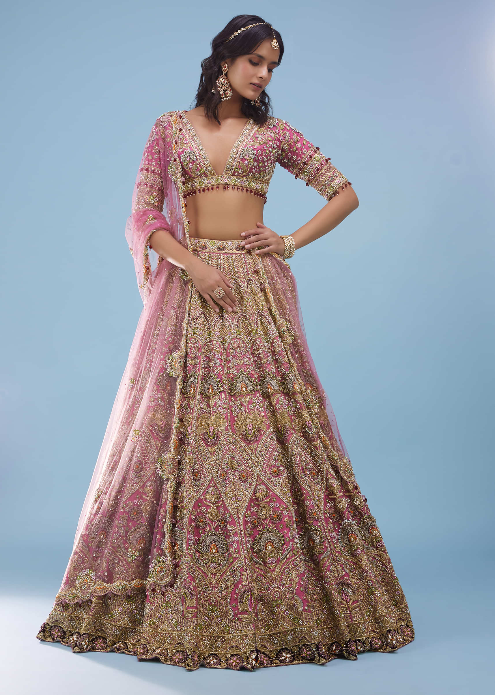 Kalki Chateau Rose Pink Bridal Lehenga In Raw Silk With Heavy Embroidery - NOOR 2022