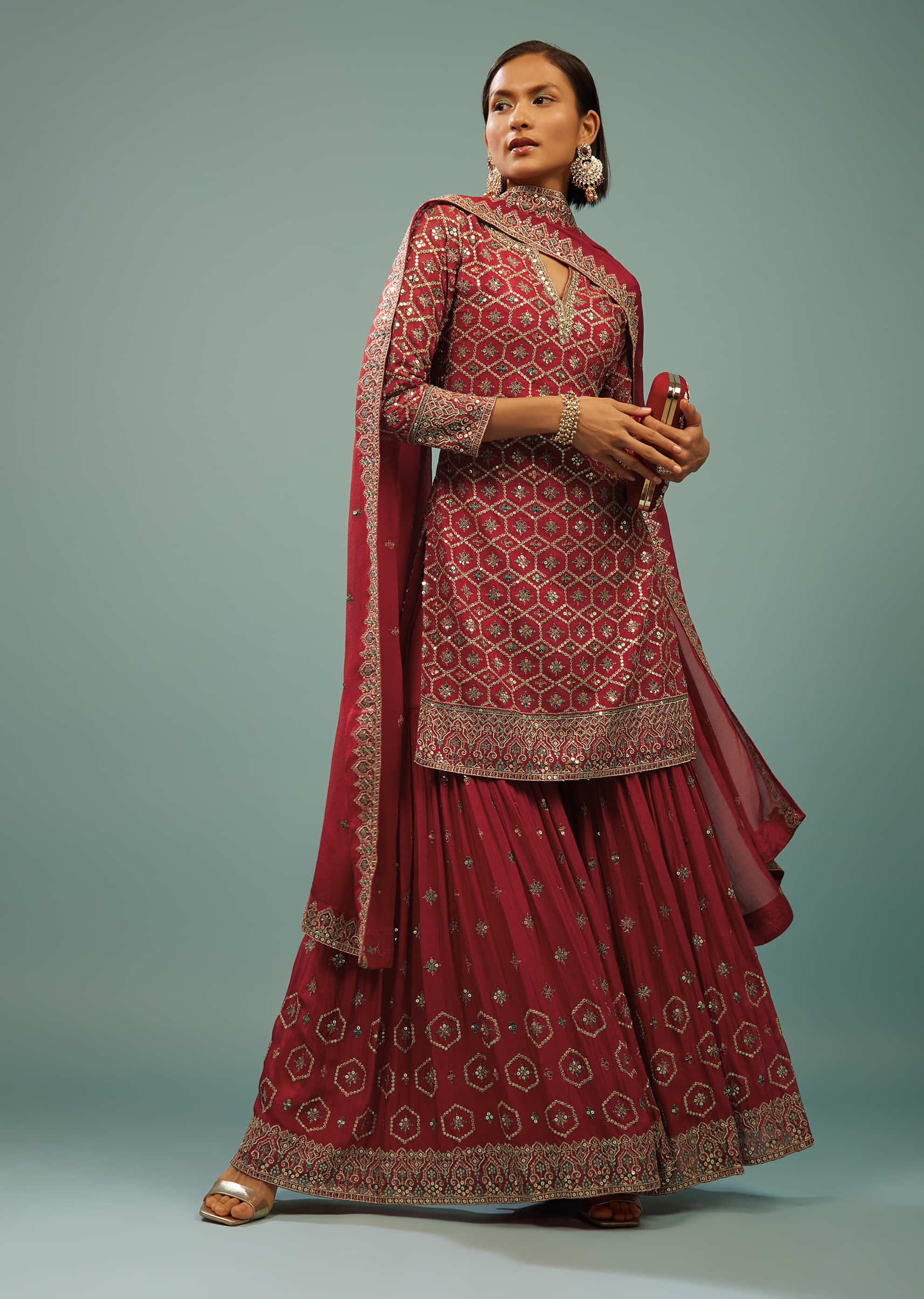 Kalki Chilli Pepper Red Sharara Suit In Georgette With Embroidery