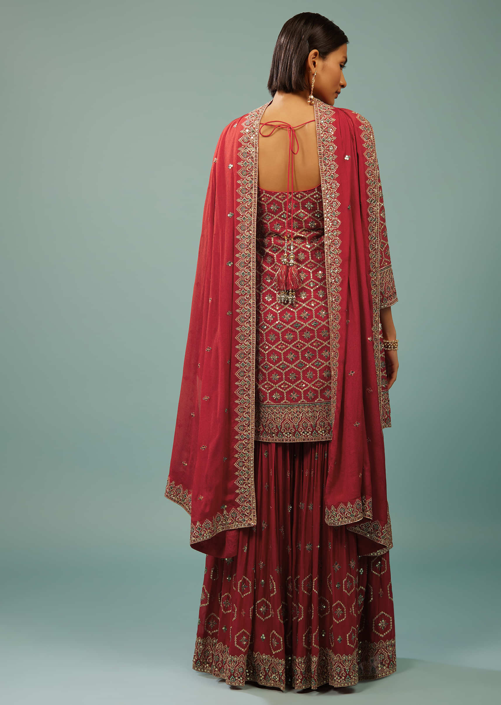 Valentine Red Sharara Suit In Georgette With Embroidery