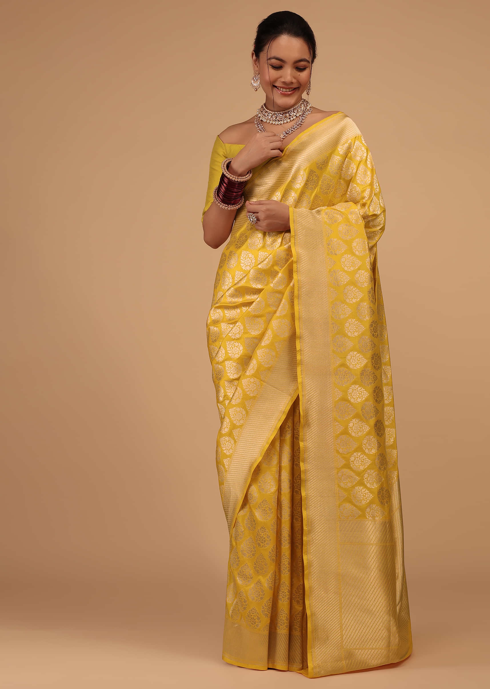 Citrus Yellow Saree In Pure Banarasi Silk With Upada Zari Weave Floral Butti Work
