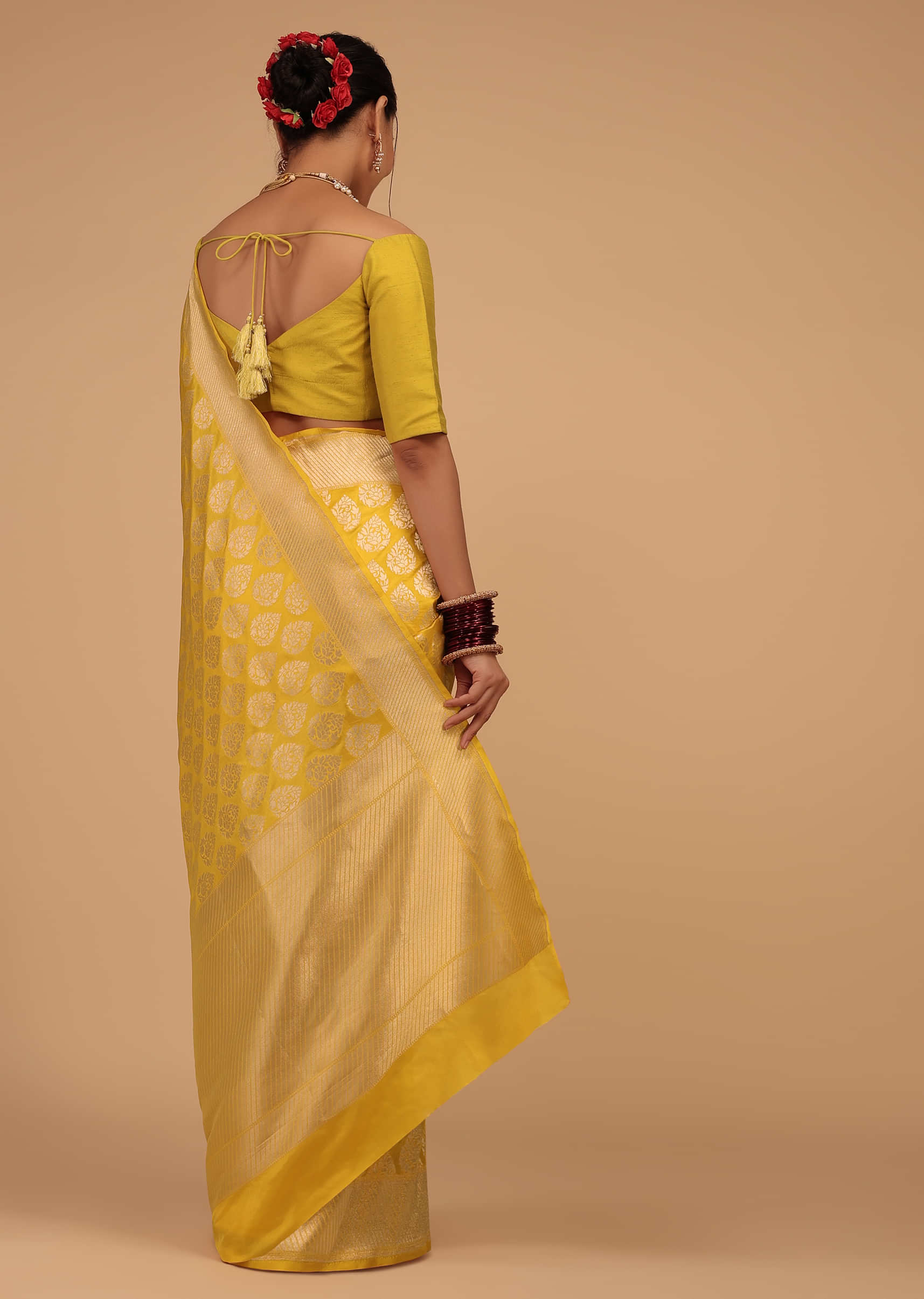 Citrus Yellow Saree In Pure Banarasi Silk With Upada Zari Weave Floral Butti Work