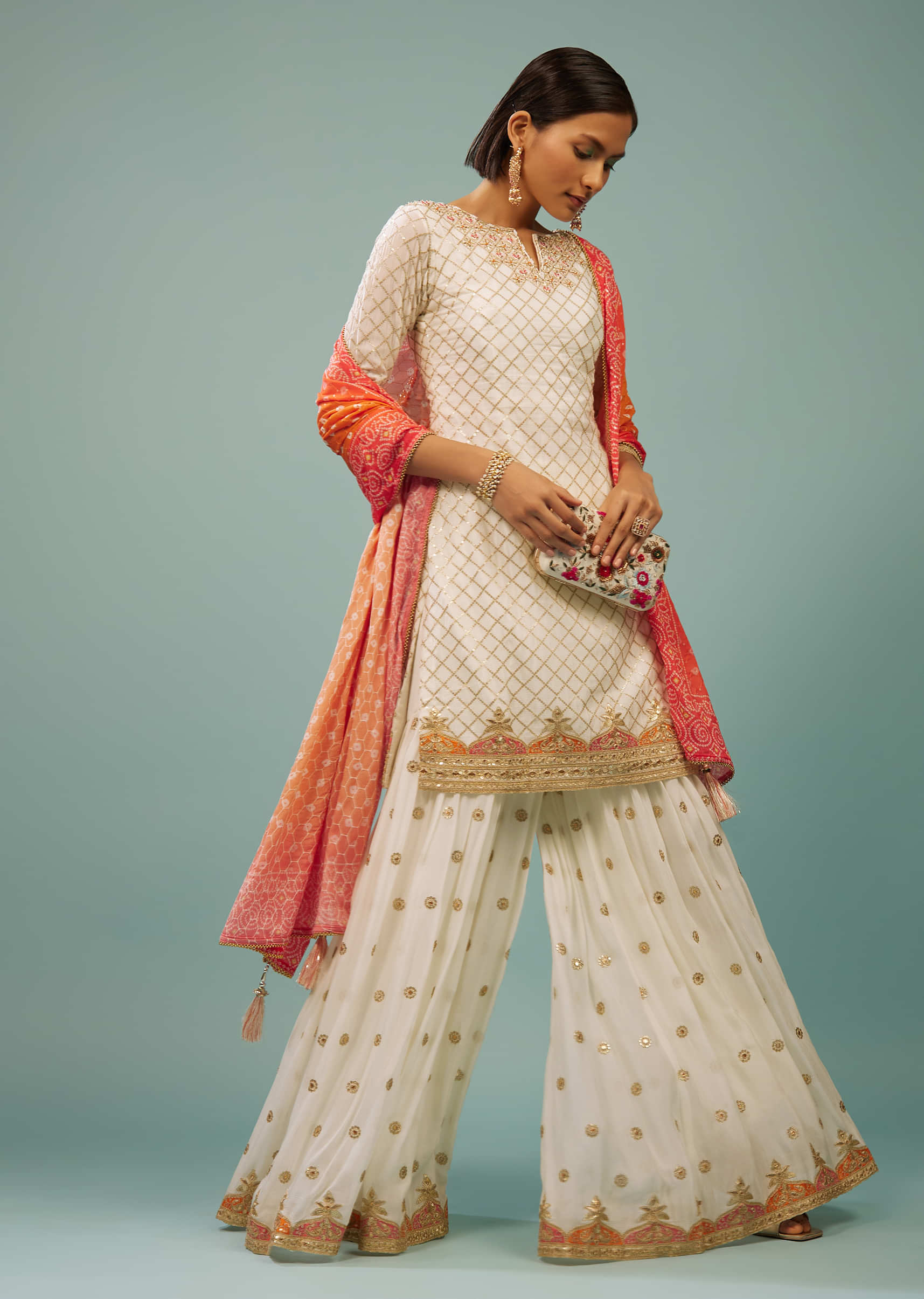 Kalki Cloud Dancer White Sharara Suit With Embroidery And Bandhani Dupatta