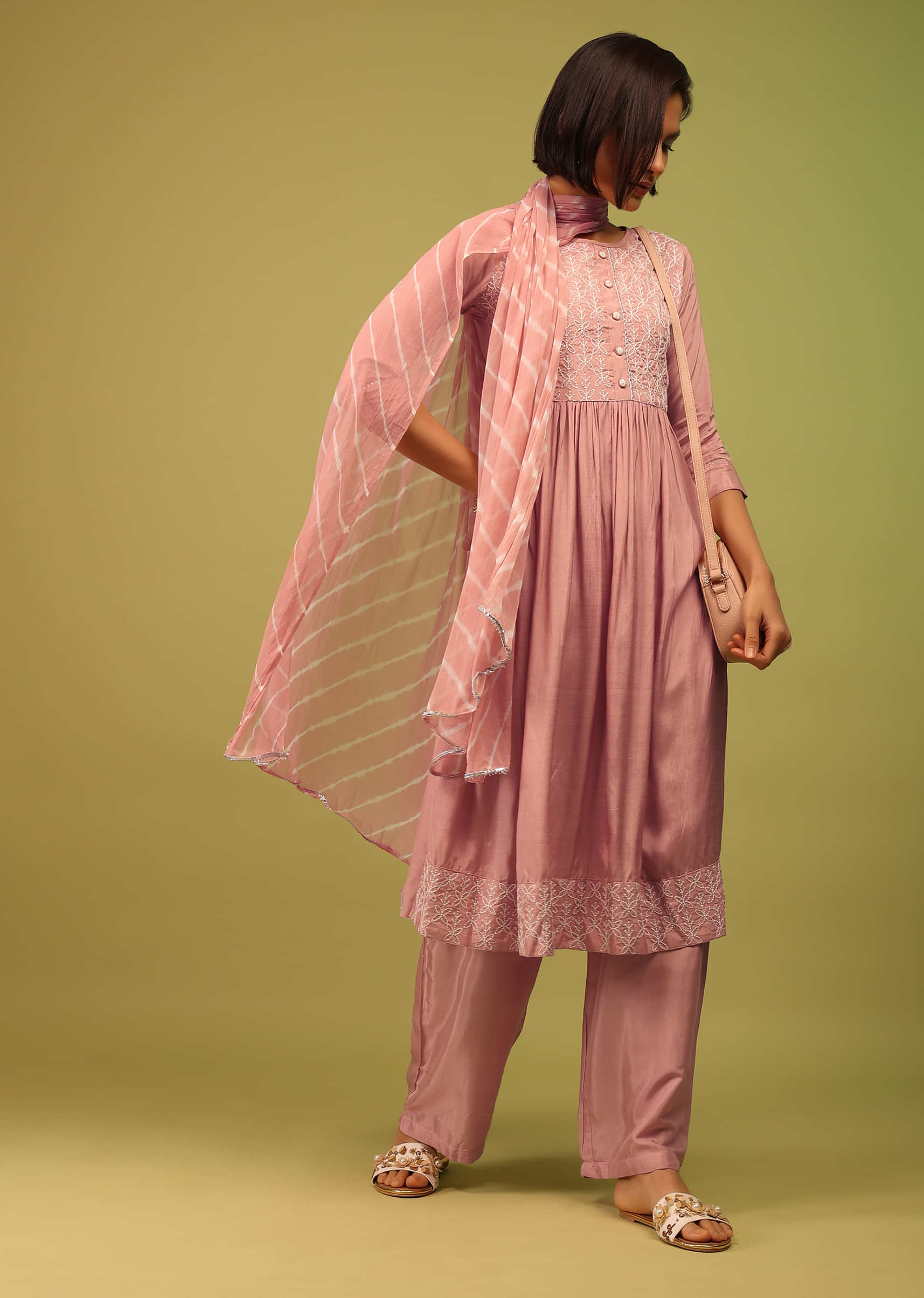 Kalki Coral Almond Pink Palazzo Suit Set In Russian Crepe With Floral Embroidery