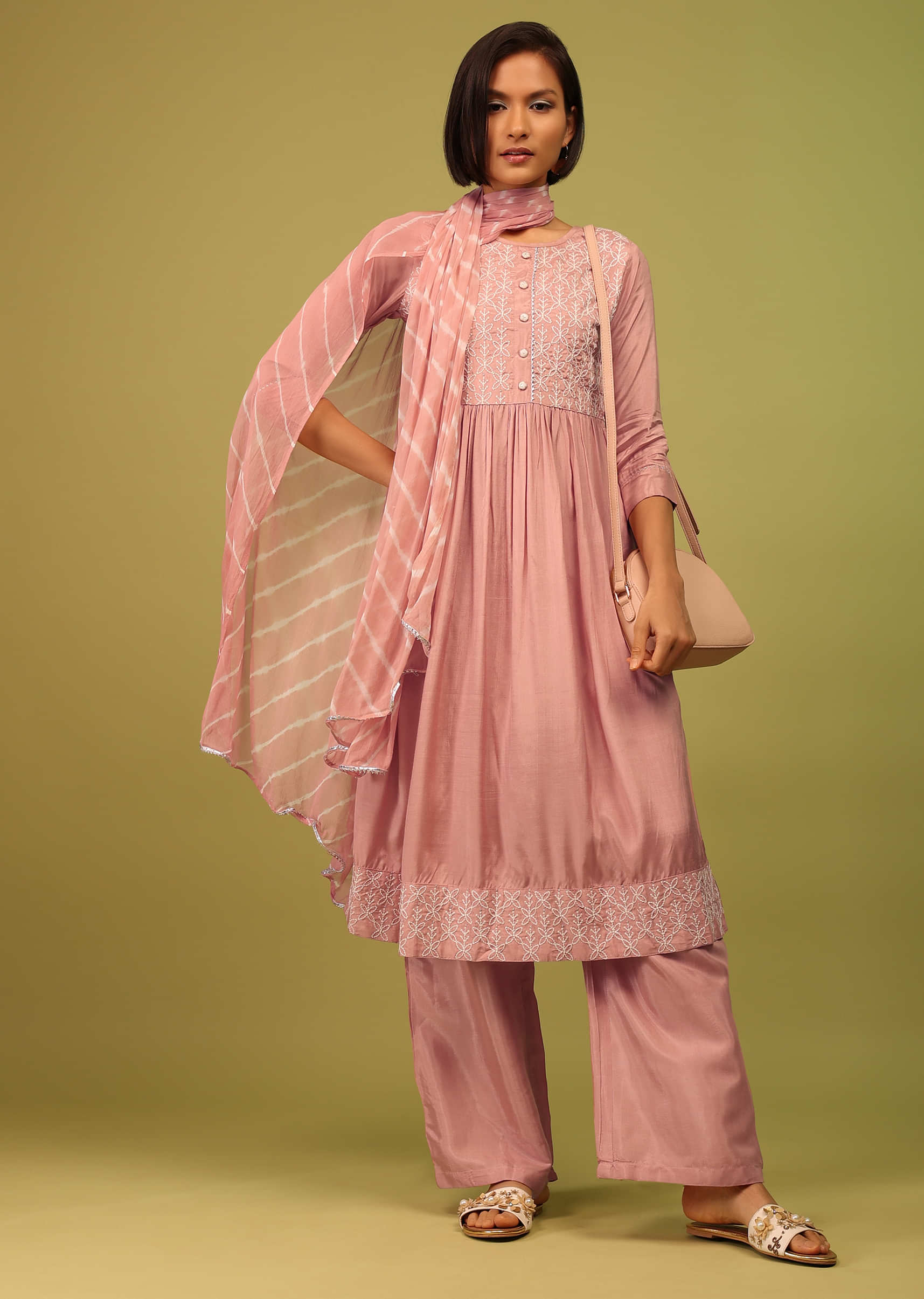 Blush Pink Palazzo Suit Set In Russian Crepe With Floral Embroidery