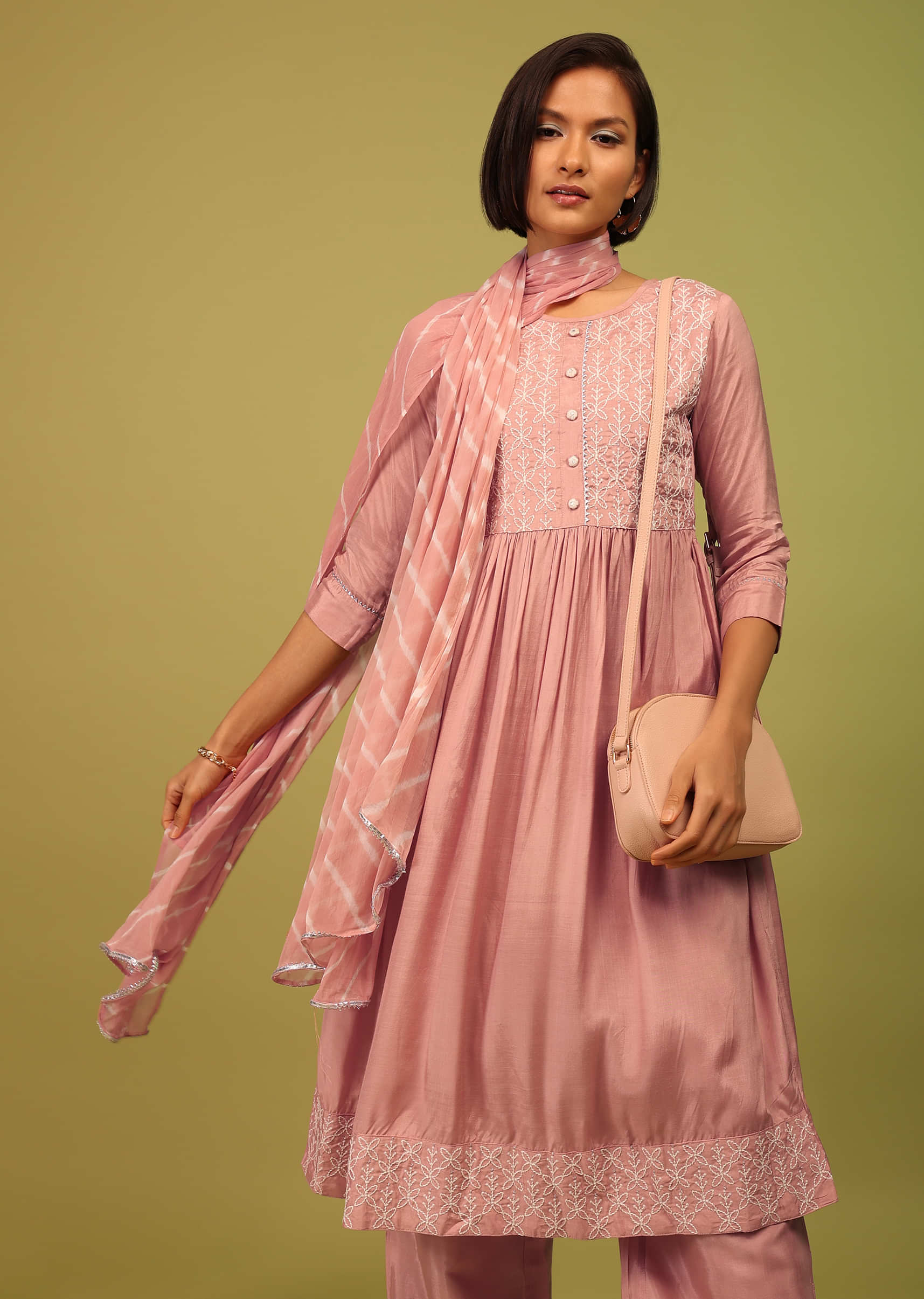 Blush Pink Palazzo Suit Set In Russian Crepe With Floral Embroidery