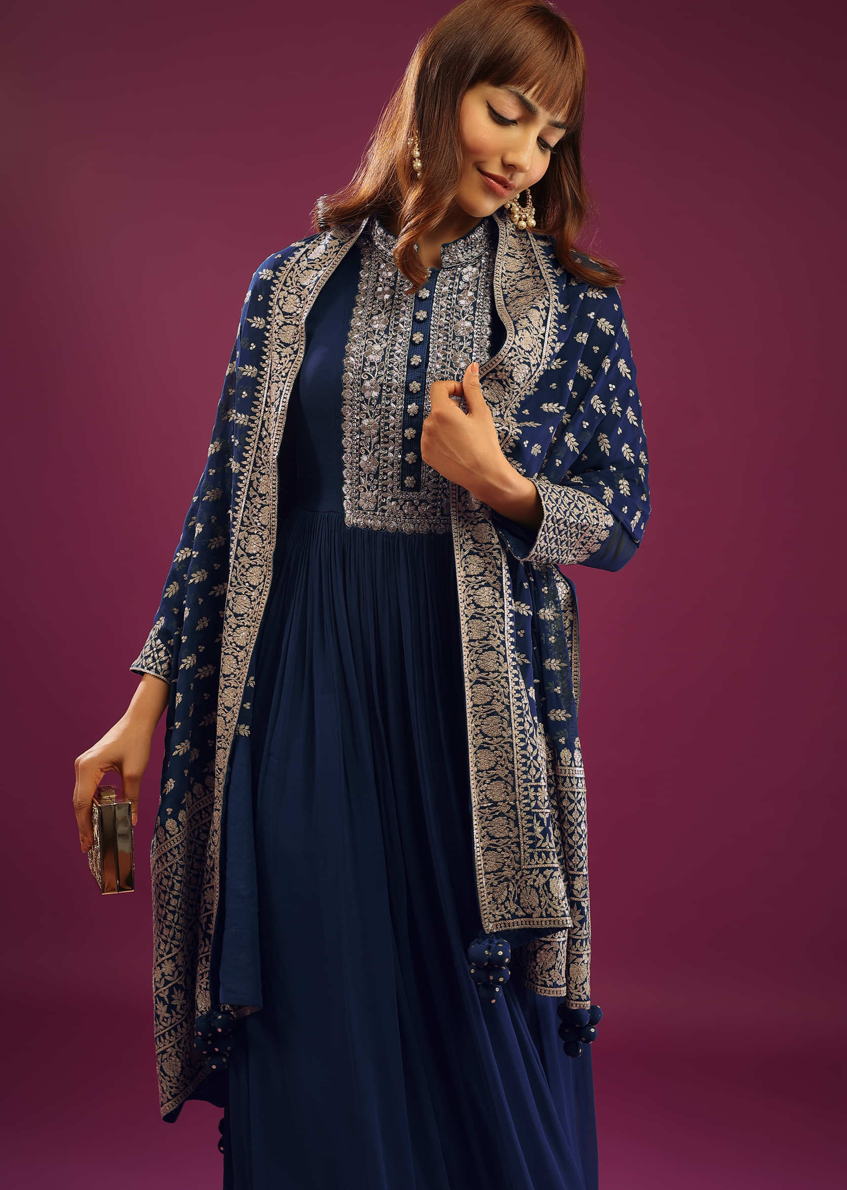 Midnight Blue Anarkali Suit In Georgette With Zardozi And Zari Embroidery