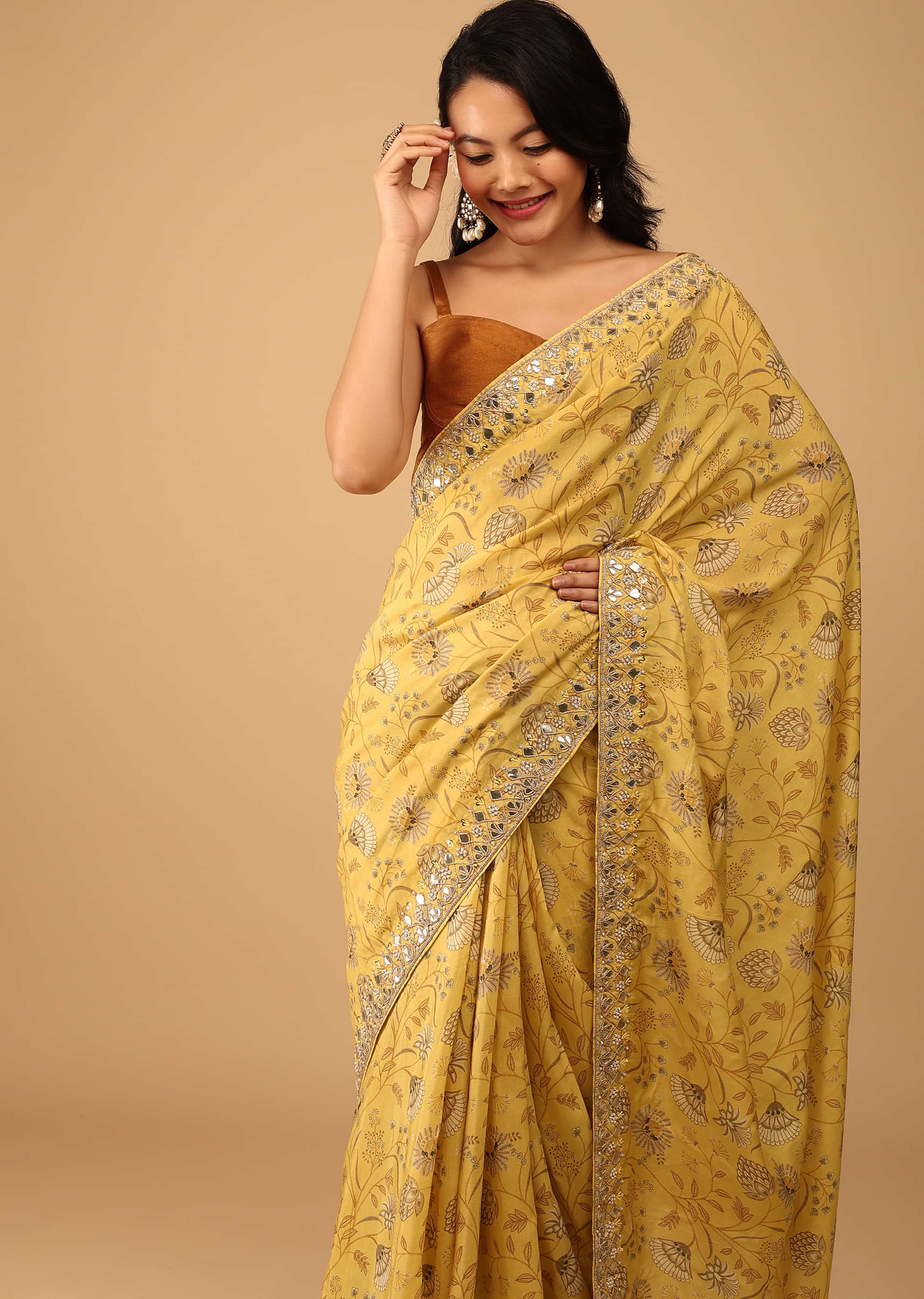 Kalki Cream Gold Yellow Saree In Muslin With Floral Handblock Print And Embroidery