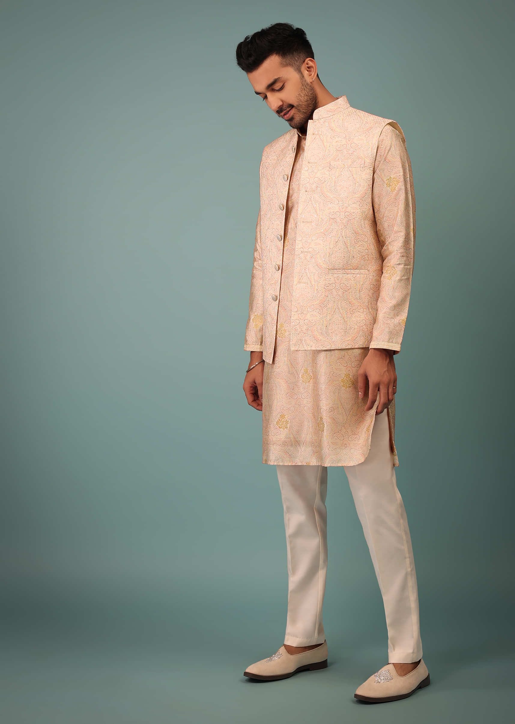 Cream Peach Bandi Jacket Set In Silk With Print & Line Stitch Embroidery