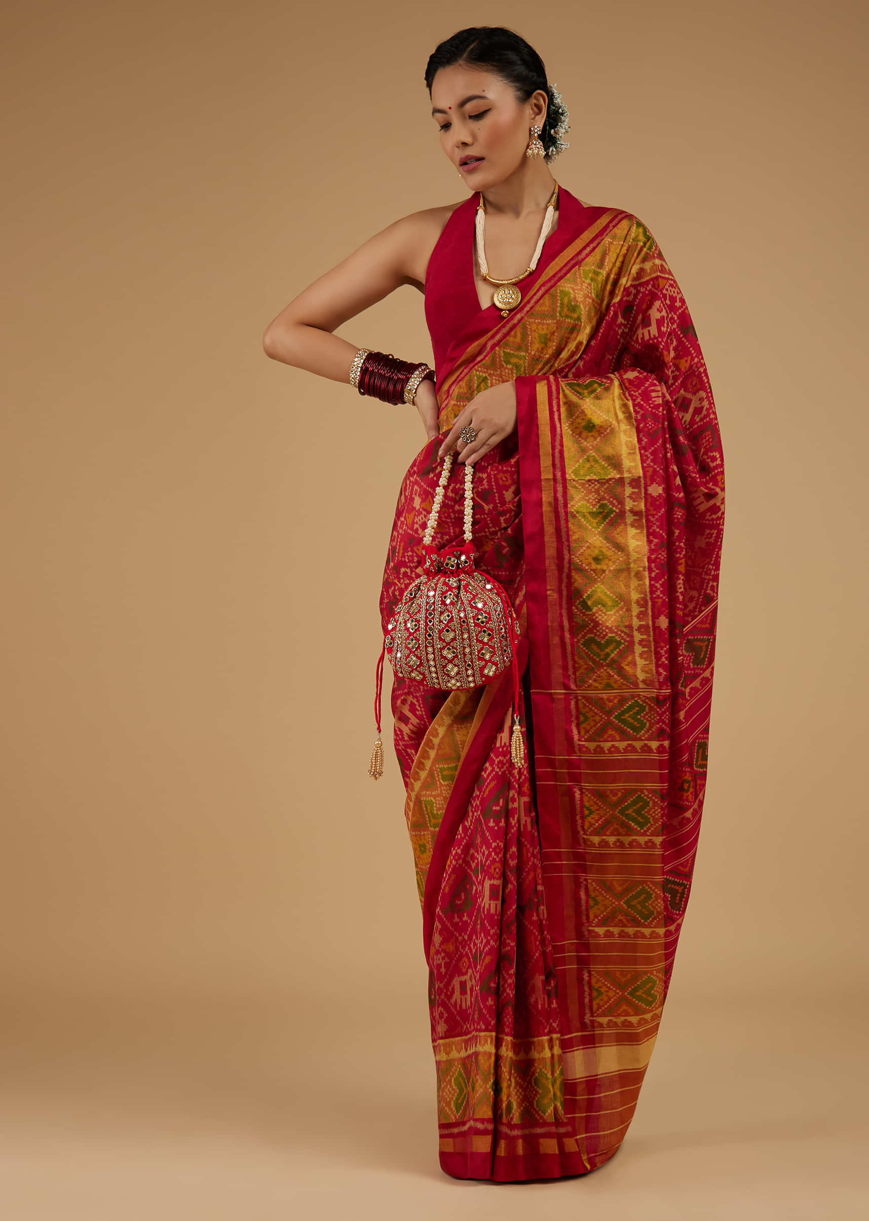 Cherry Red Saree In Silk With Ikat Weave Patola Work