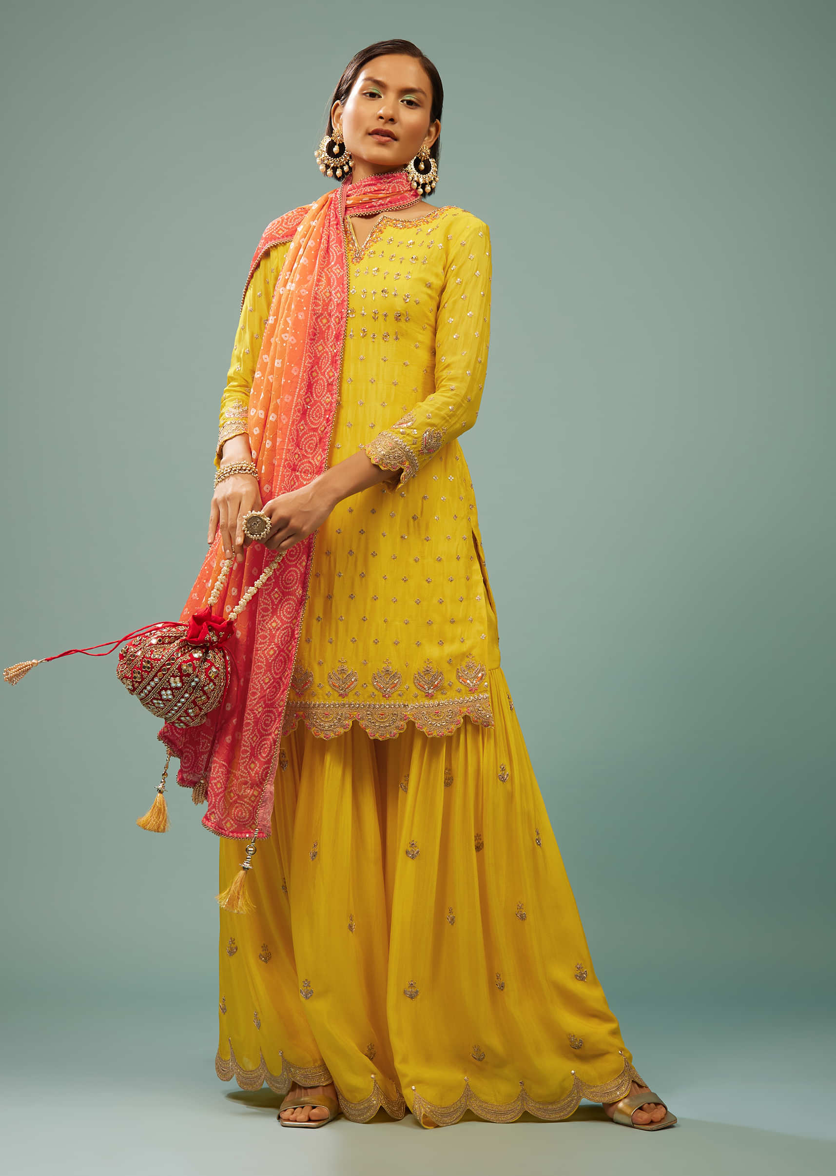 Kalki Cyber Yellow Sharara Suit With Embroidery And Bandhani Dupatta
