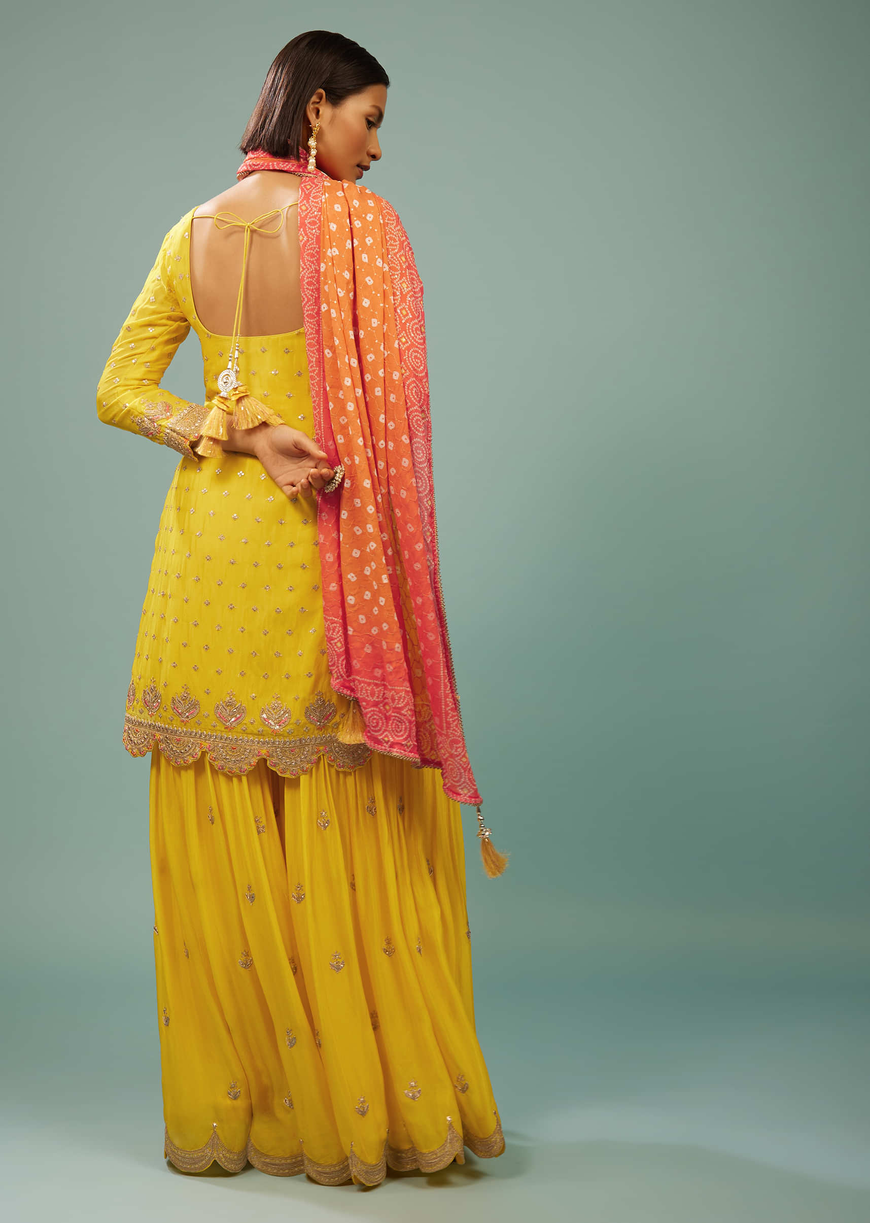 Cyber Yellow Sharara Suit With Embroidery And Bandhani Dupatta