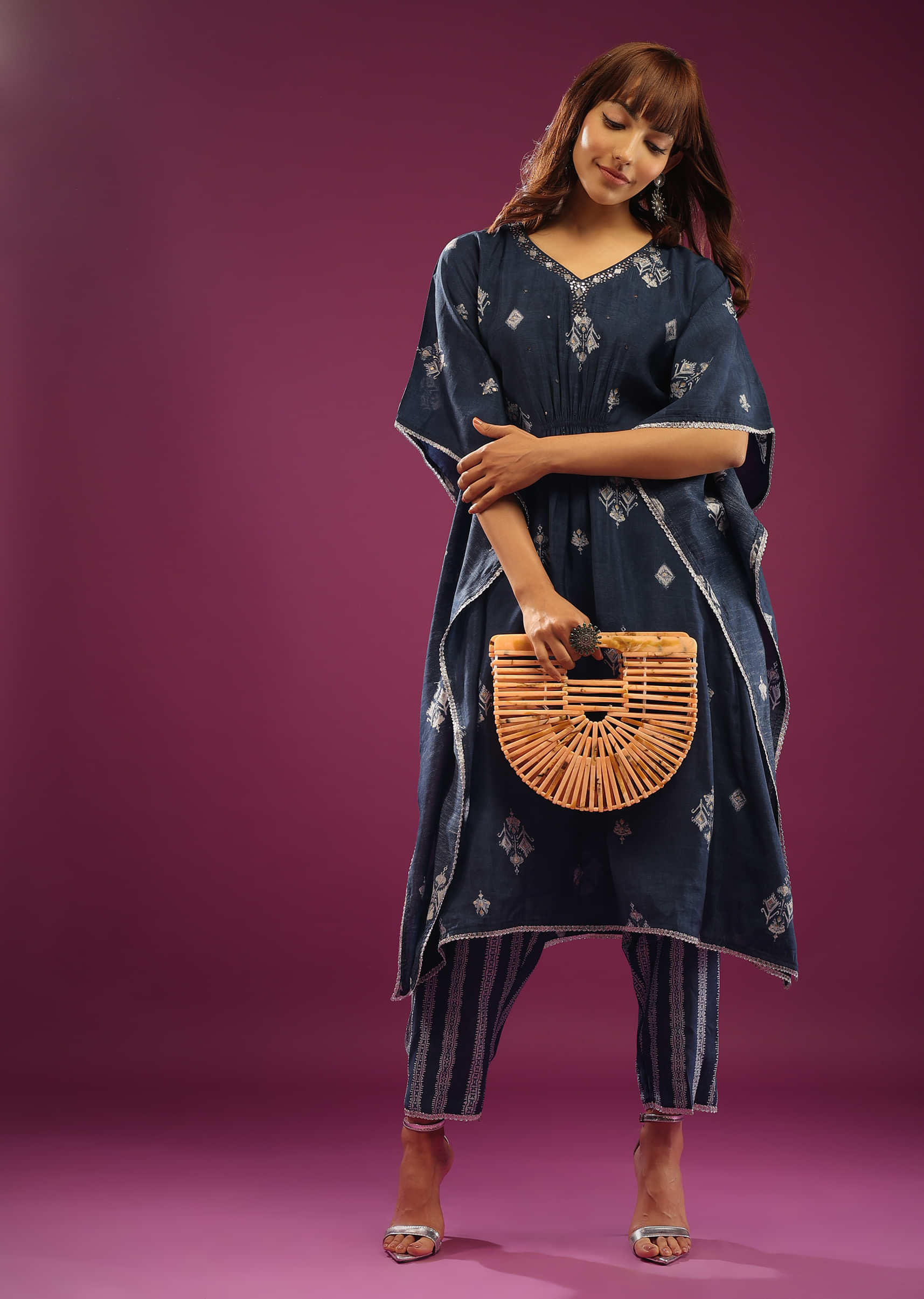 Dark Blue Kaftan Set In Cotton With Print & Embroidery