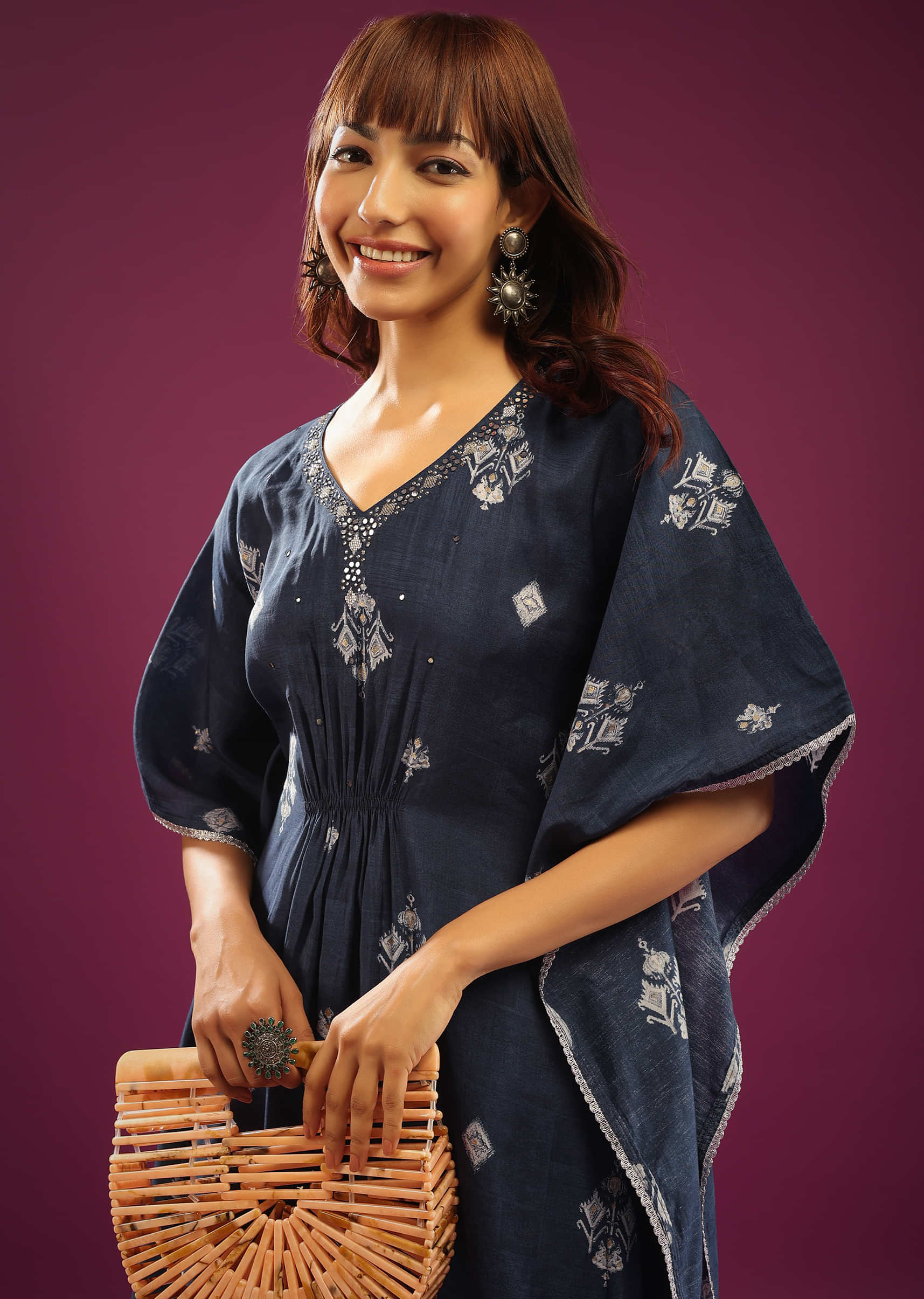 Dark Blue Kaftan Set In Cotton With Print & Embroidery