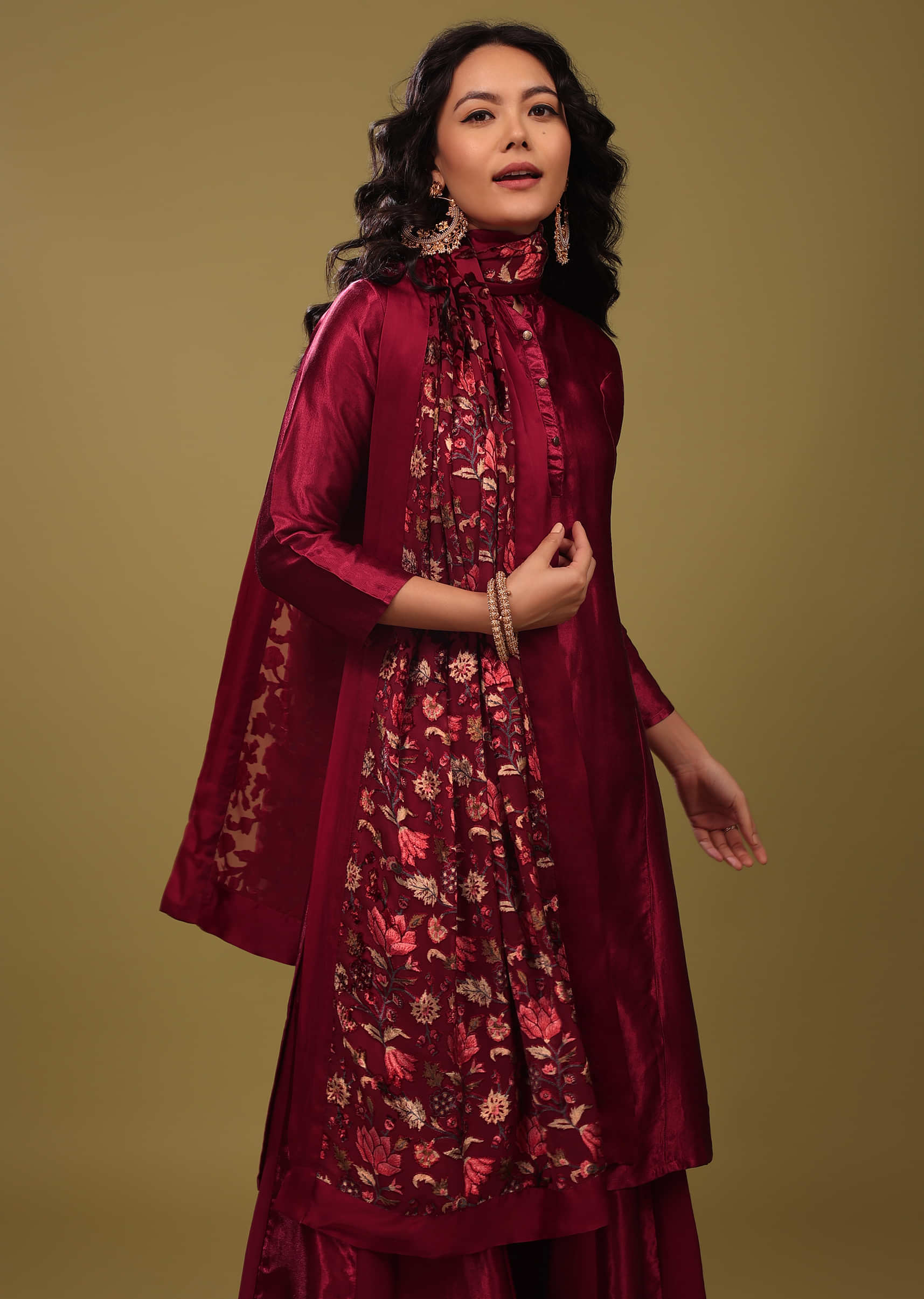 Scarlet Red Palazzo Suit In Gajji Silk With A Beautiful Velvet Floral Embroidered Dupatta
