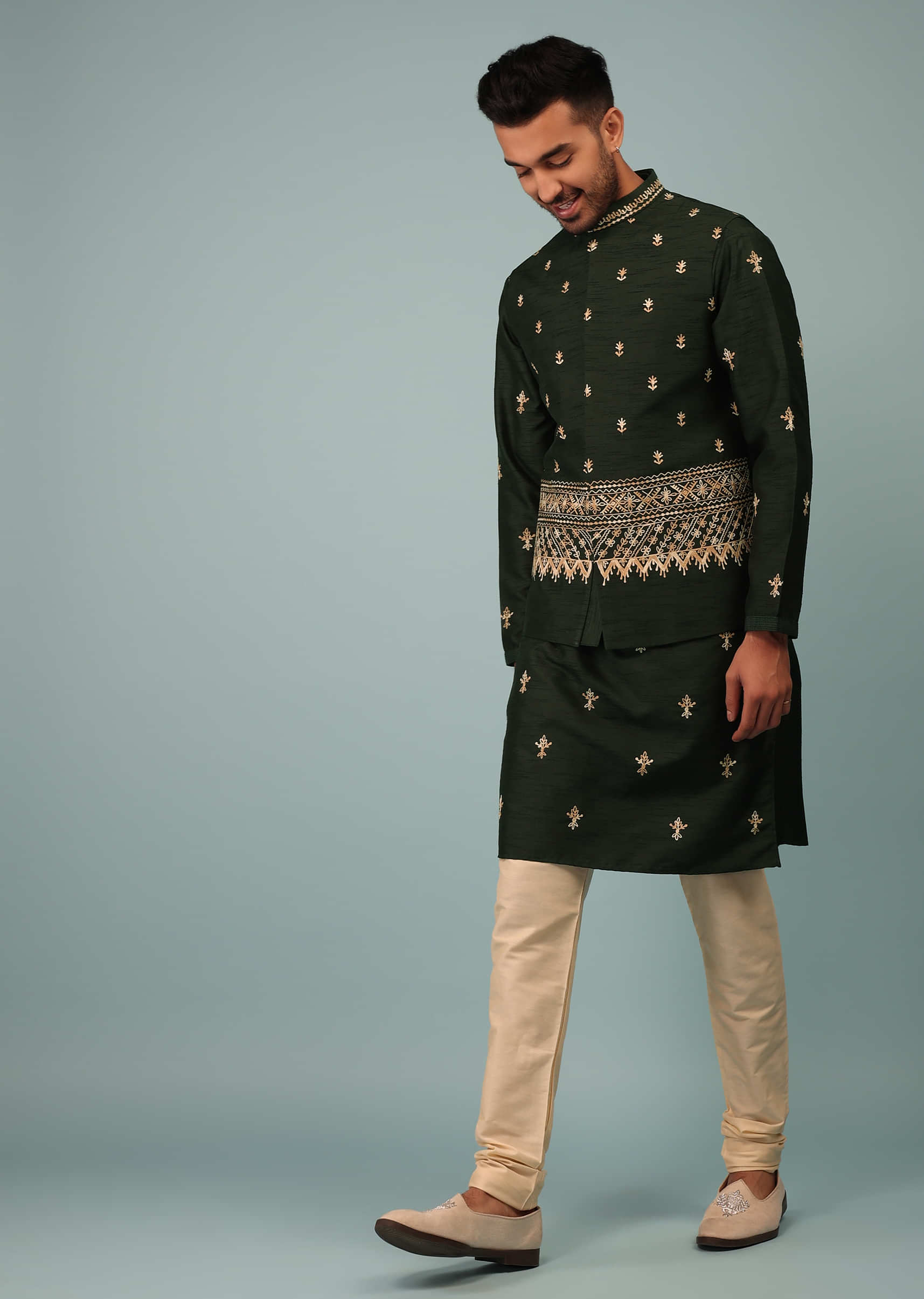 Kalki Deep Forest Green Bandi Jacket Set In Raw Silk With Floral Butti & Aari Embroidery
