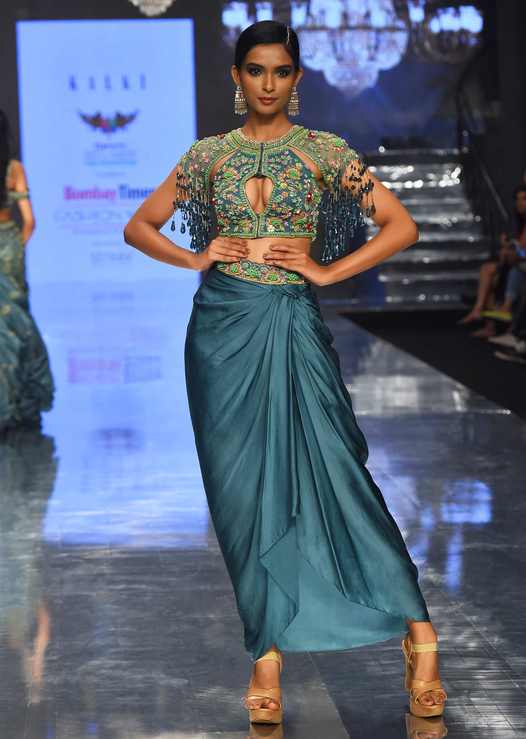 Kalki Deep Jungle Green Dhoti Crop Top Set In Satin Organza With Embroidery - NOOR 2022