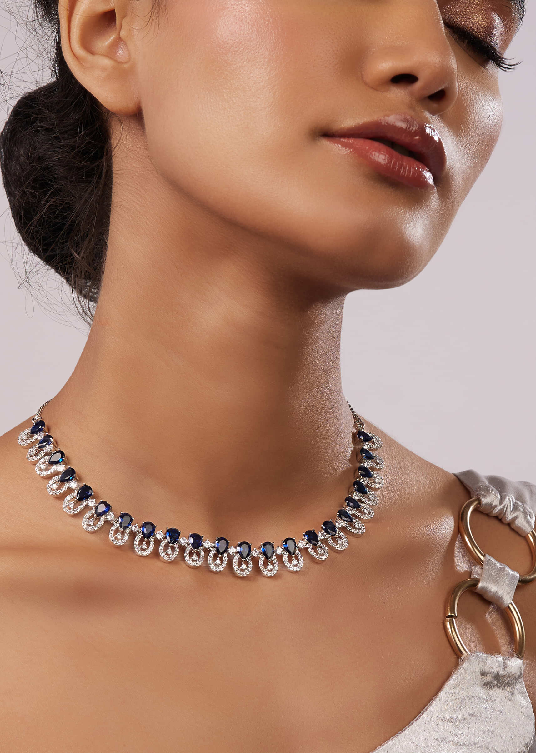 Diamond Necklace Set In Silver Plating With Navy Blue Stones