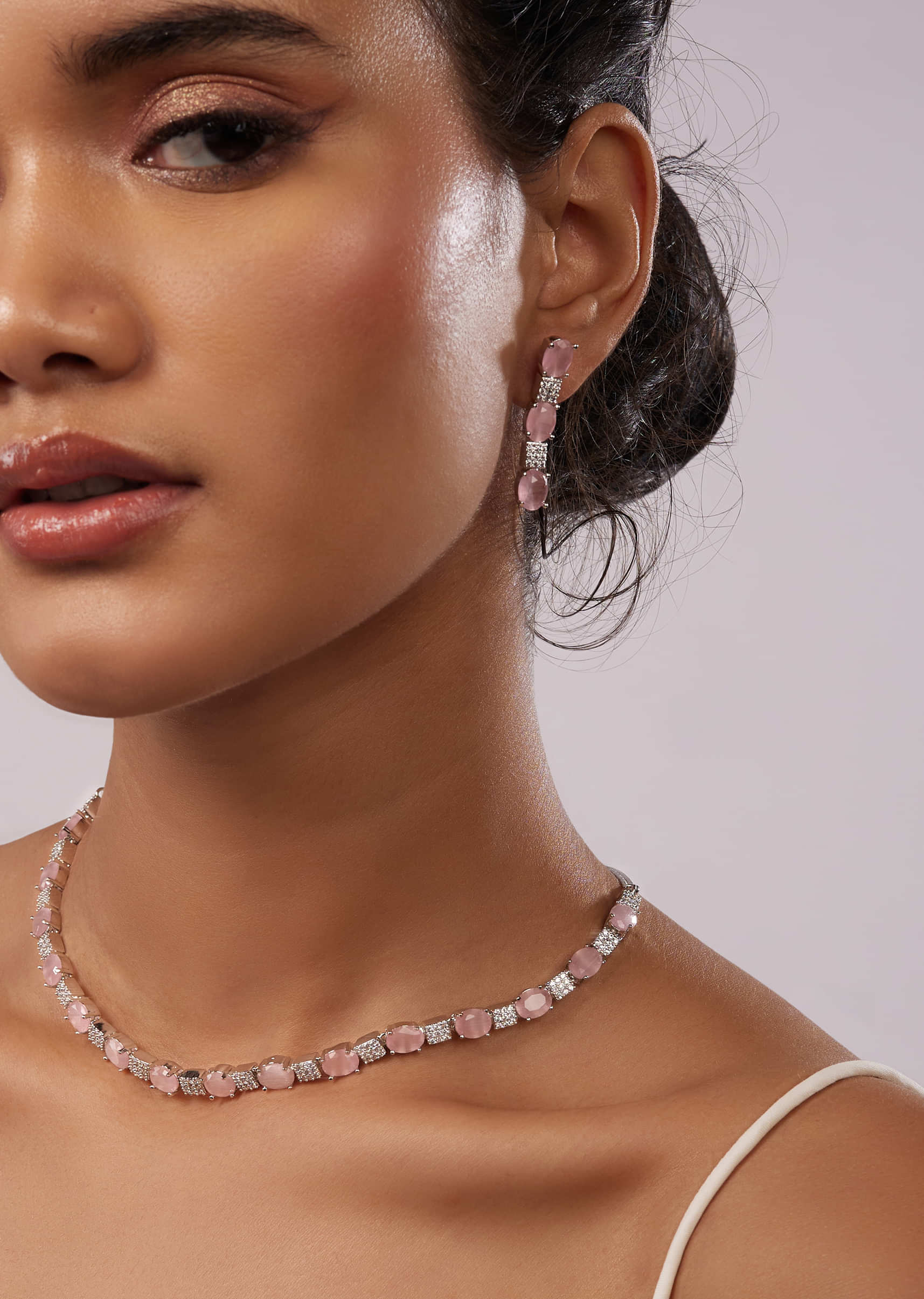 Silver Polish Baby Pink Diamond Studded Necklace Set