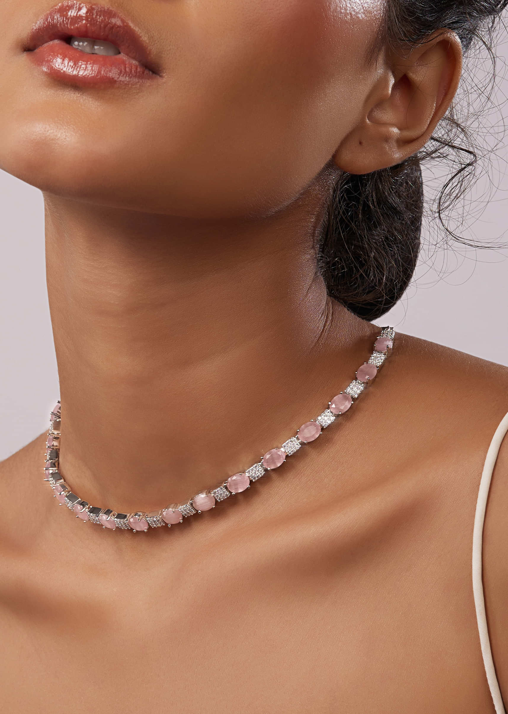 Diamond Necklace Set With Silver Plating And Baby Pink Stones