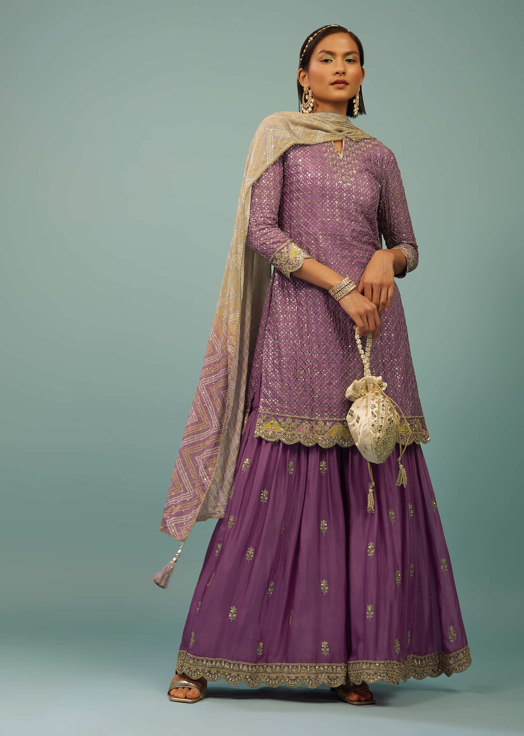 Lavender Purple Sharara Suit With Embroidery And Bandhani Dupatta