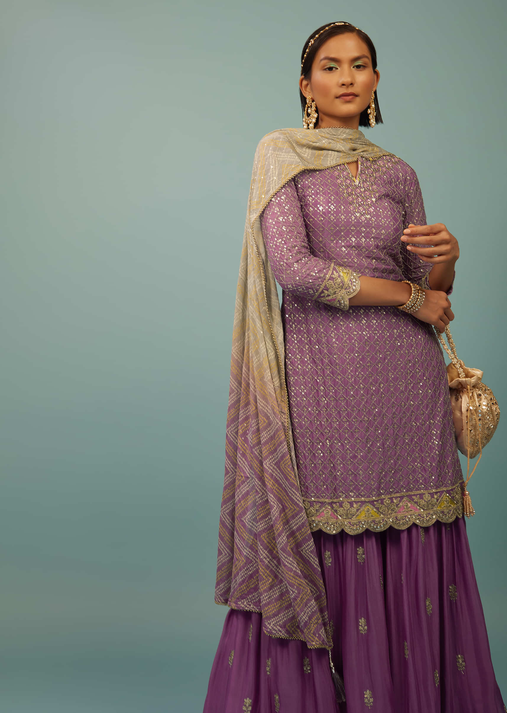 Lavender Purple Sharara Suit With Embroidery And Bandhani Dupatta