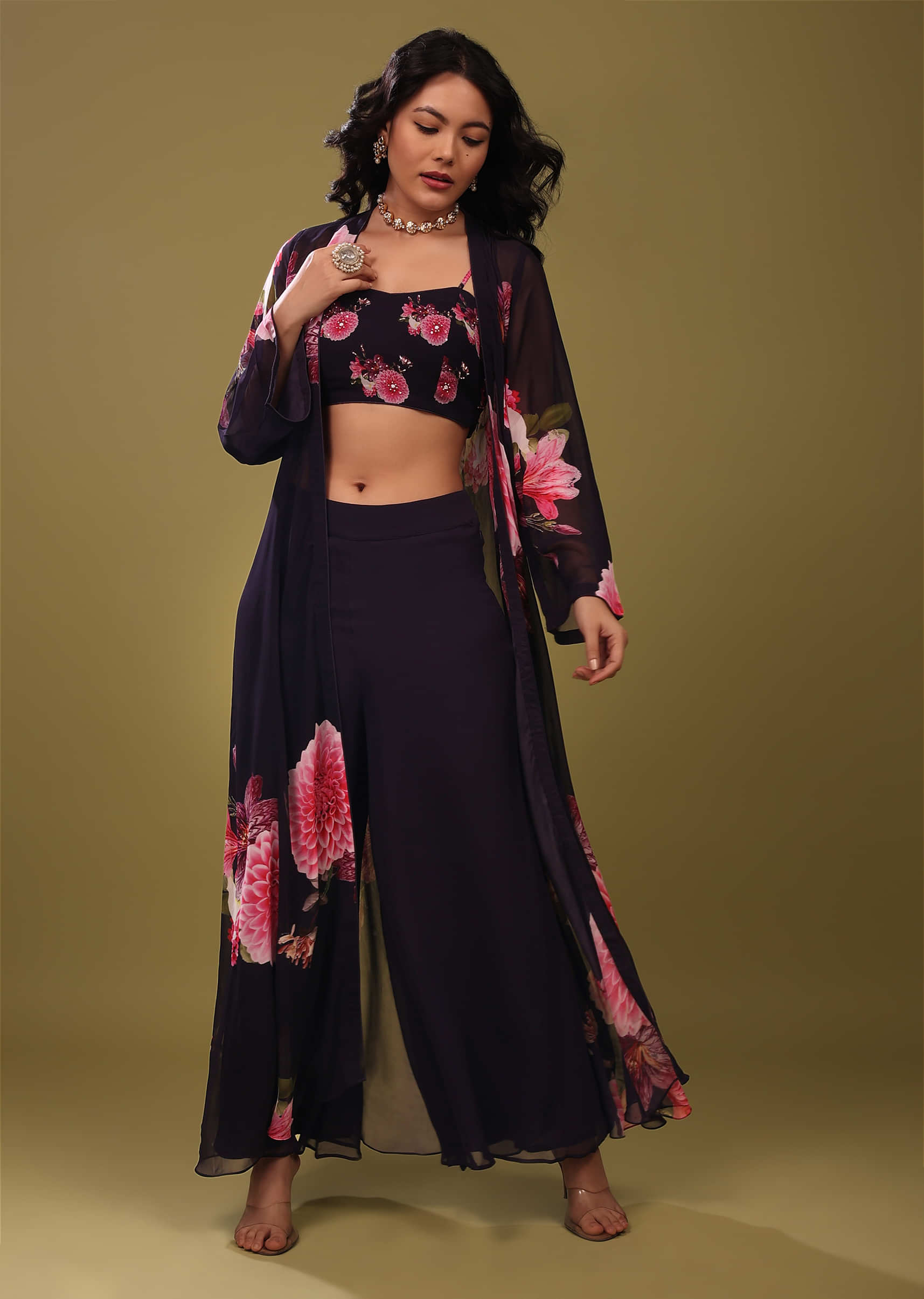 Navy Blue Palazzo Top Set With Shrug In A Breezy Floral Print And Embroidery