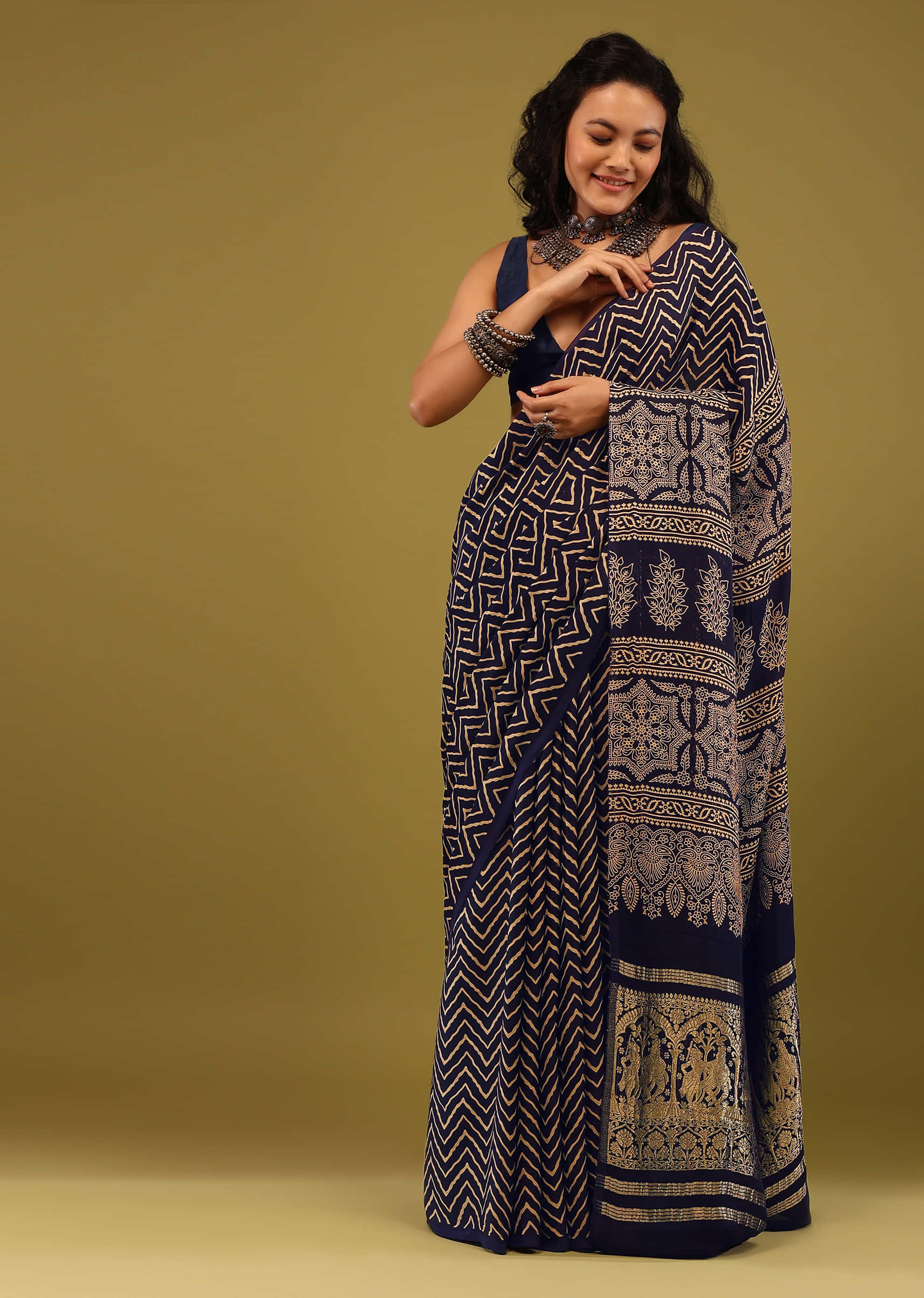 Kalki Eclipse Blue Saree In Satin With Ajrakh Handblock Geometric Print