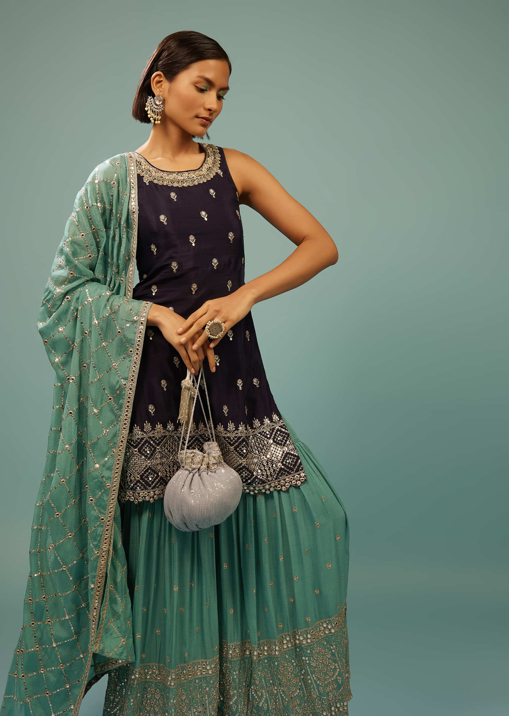 Navy Blue Sharara Suit With Embroidery