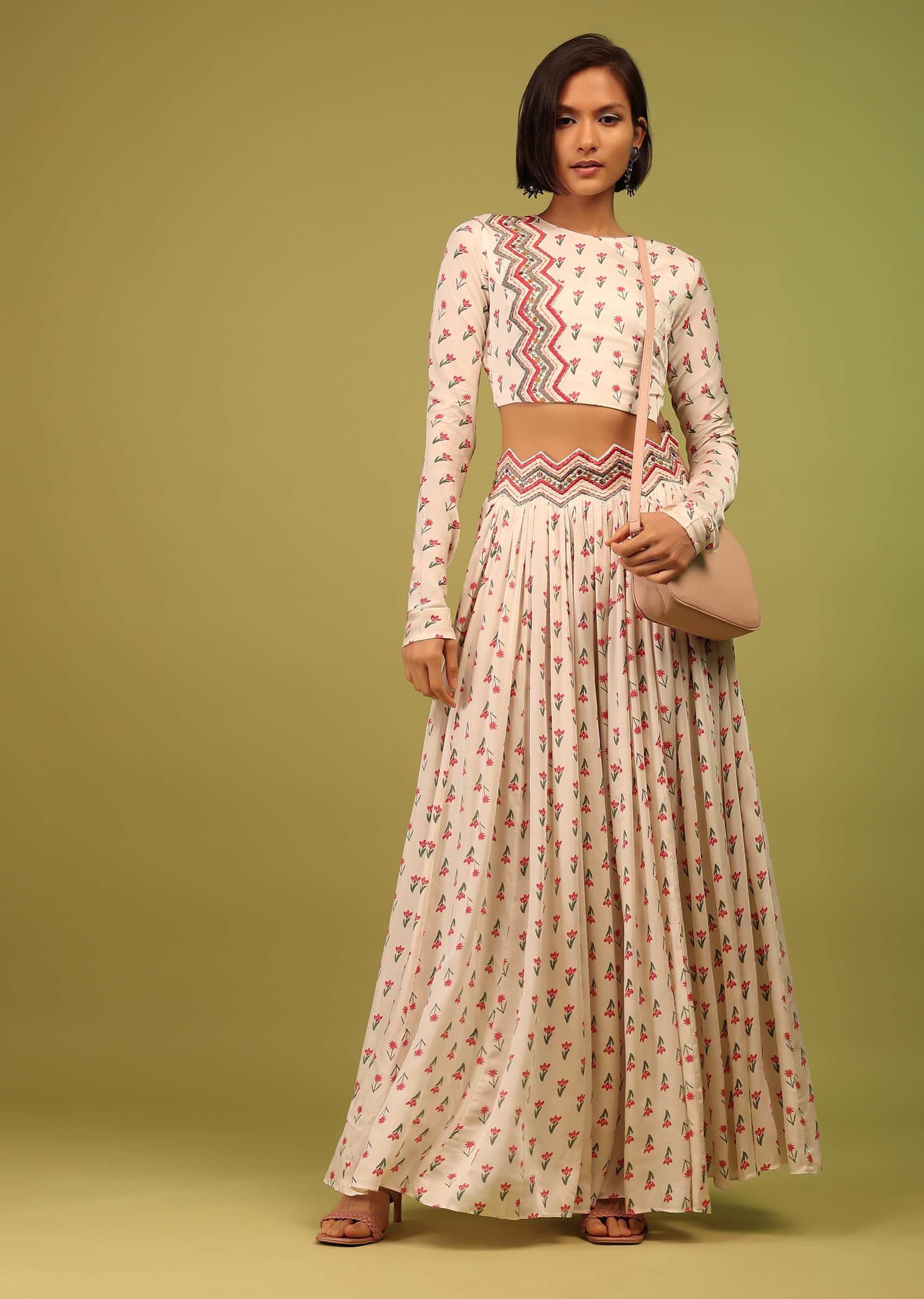 Daisy White Crop Top And Lehenga In Cotton Silk With Floral Print & Embroidery