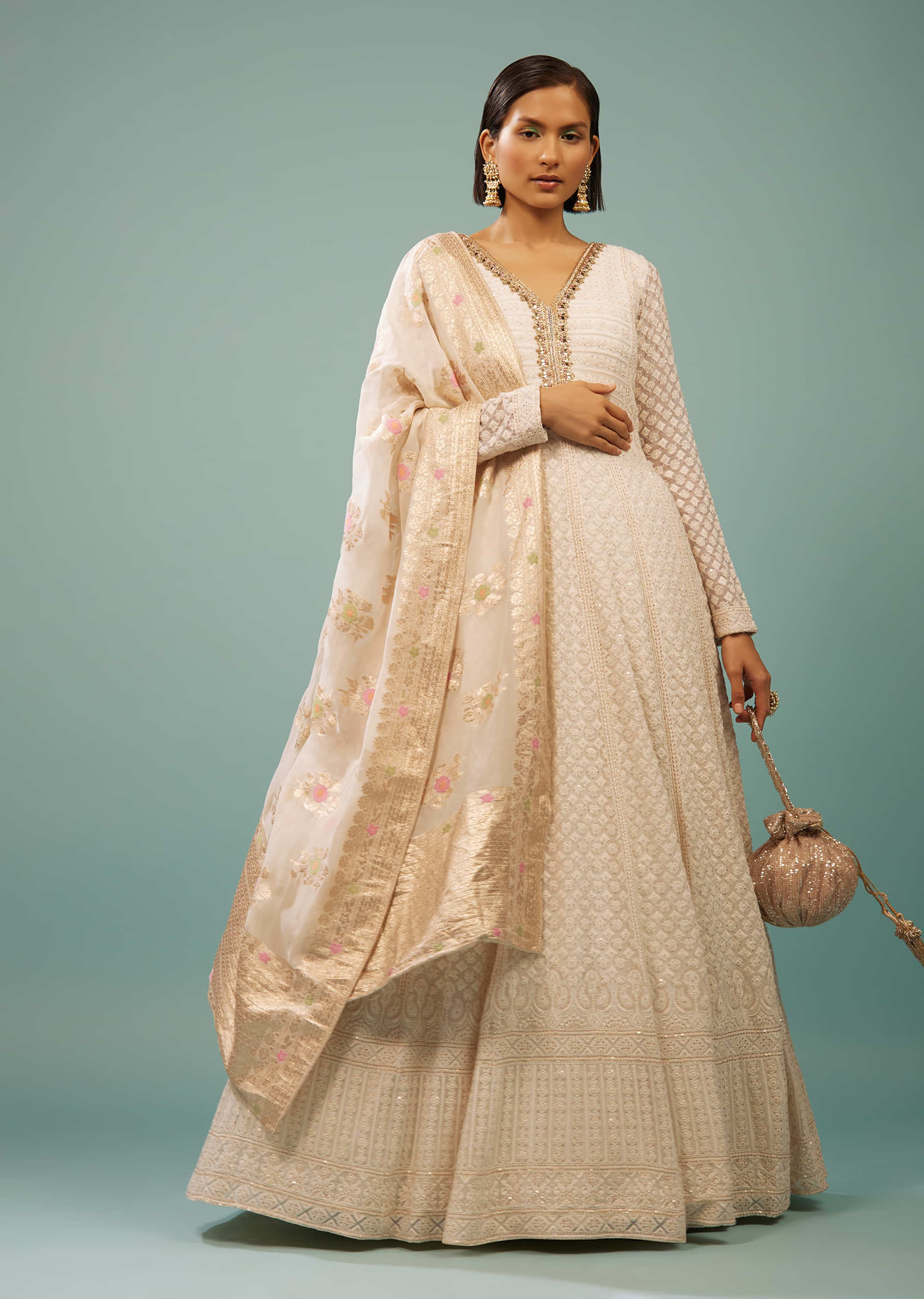 Kalki Egret White Lucknowi Anarkali Suit In Georgette With Embroidery