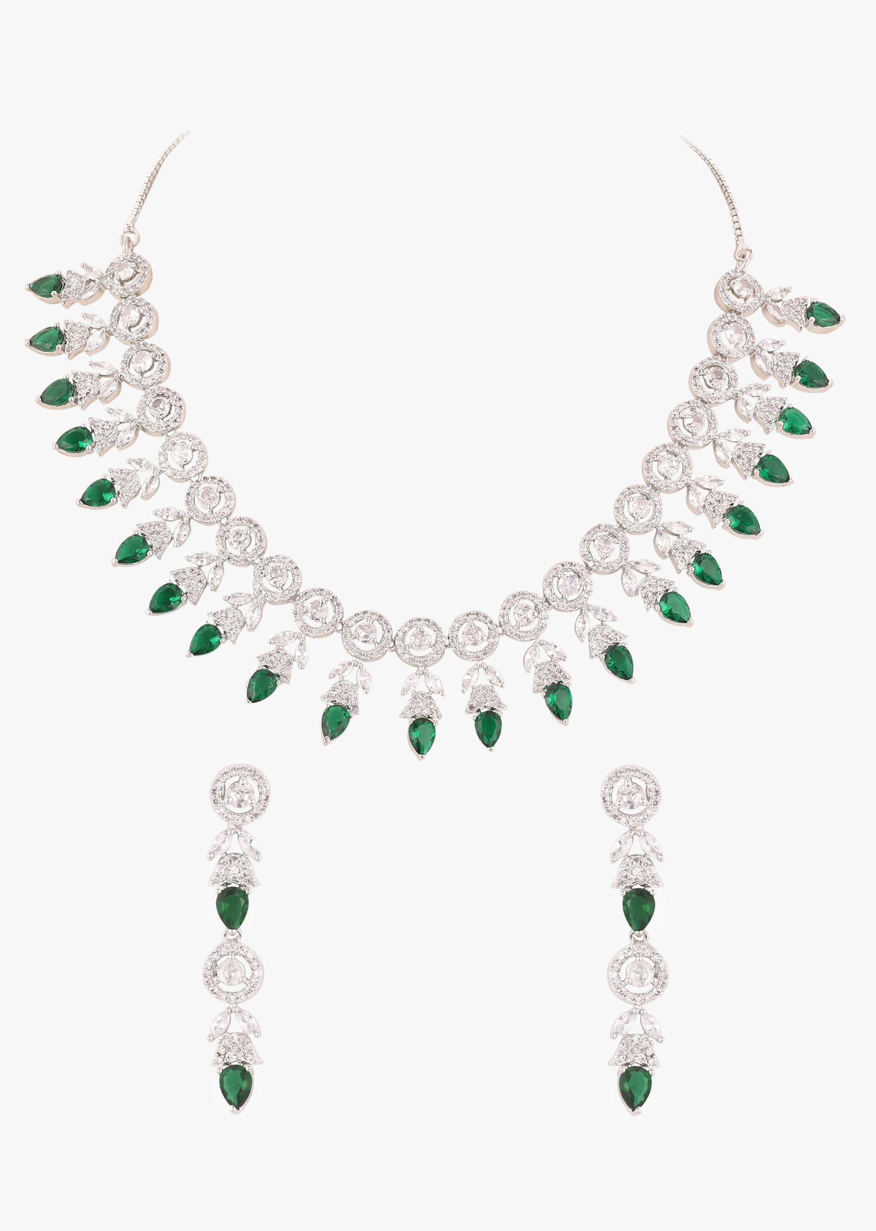Emerald Green Stone And Diamond Necklace Set In Silver Plated Alloy