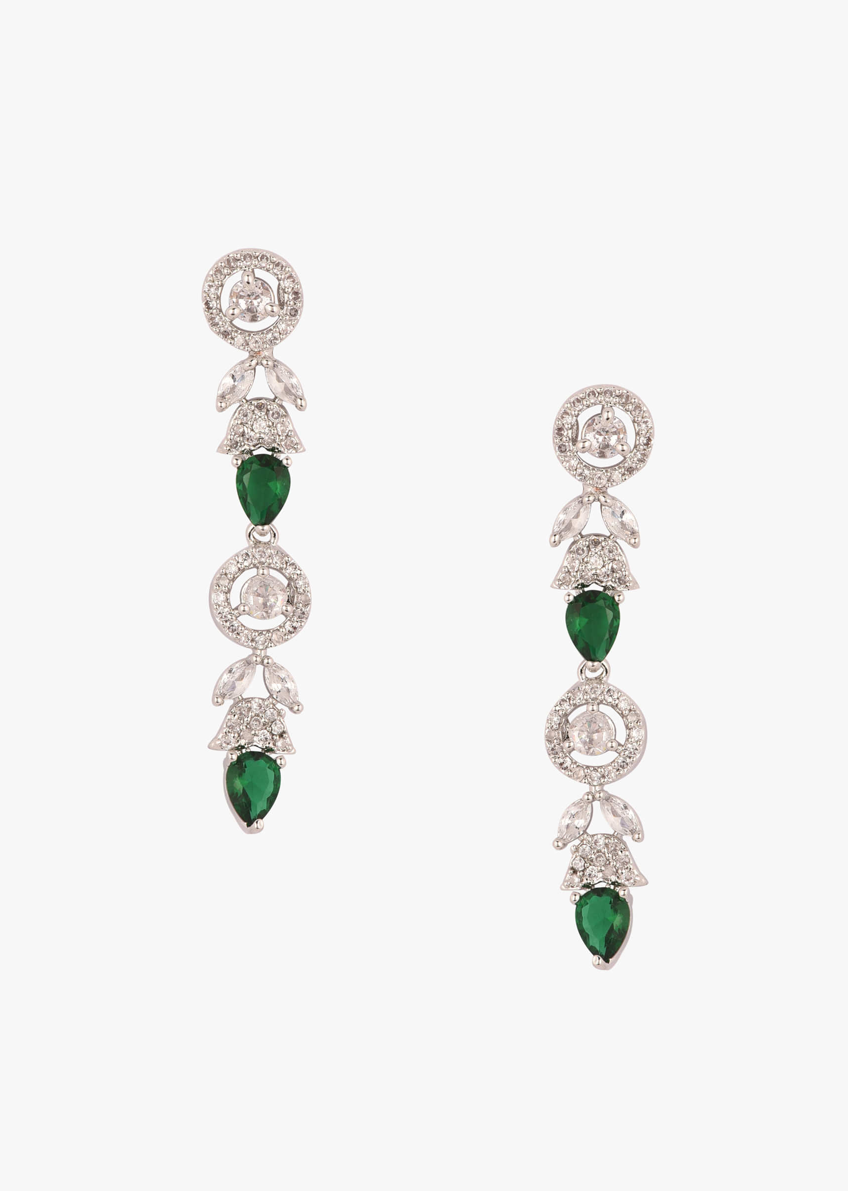 Emerald Green Stone And Diamond Necklace Set In Silver Plated Alloy