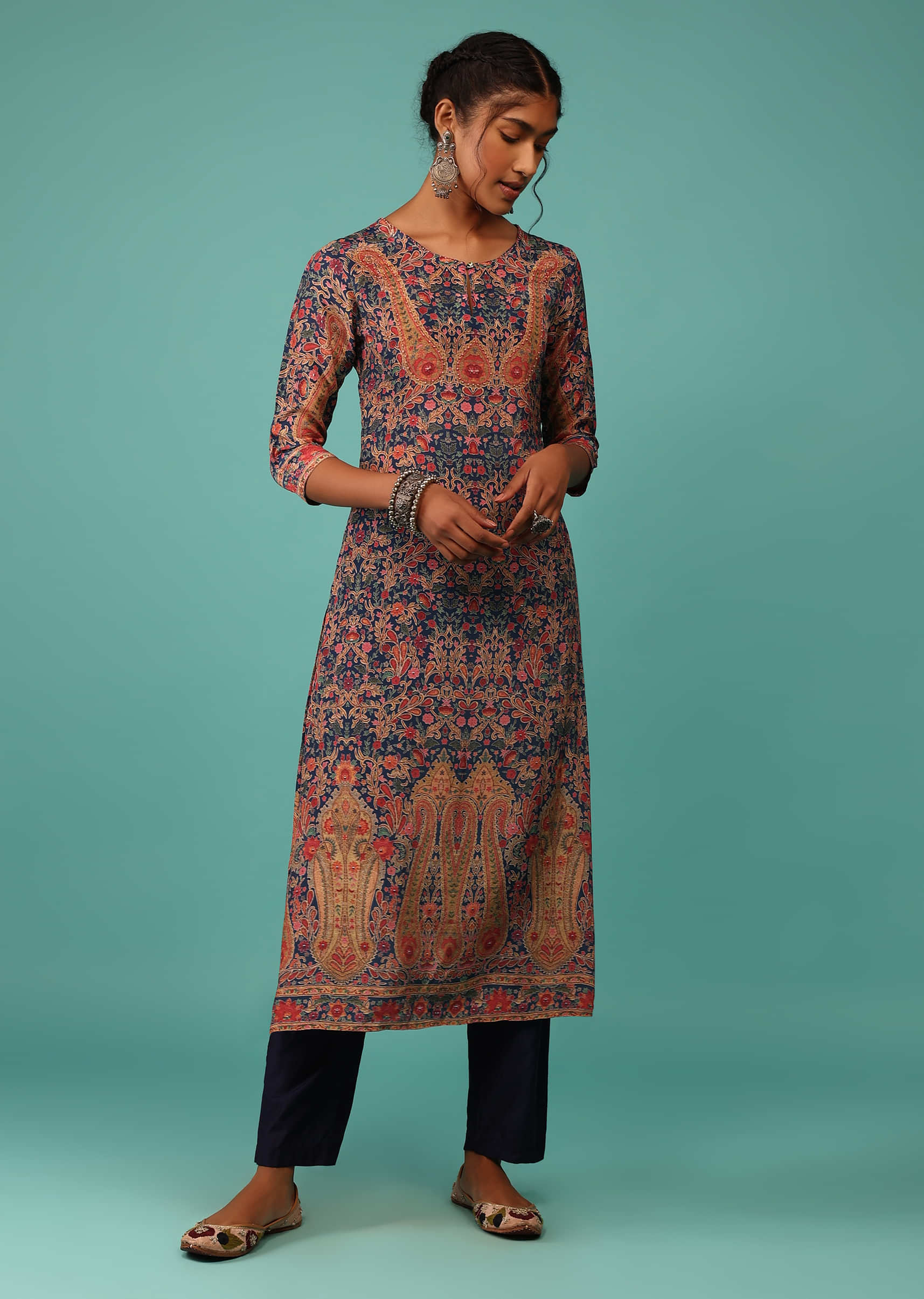 Teal Blue Kurta In Crepe With Kashmiri Floral Print And Embroidery