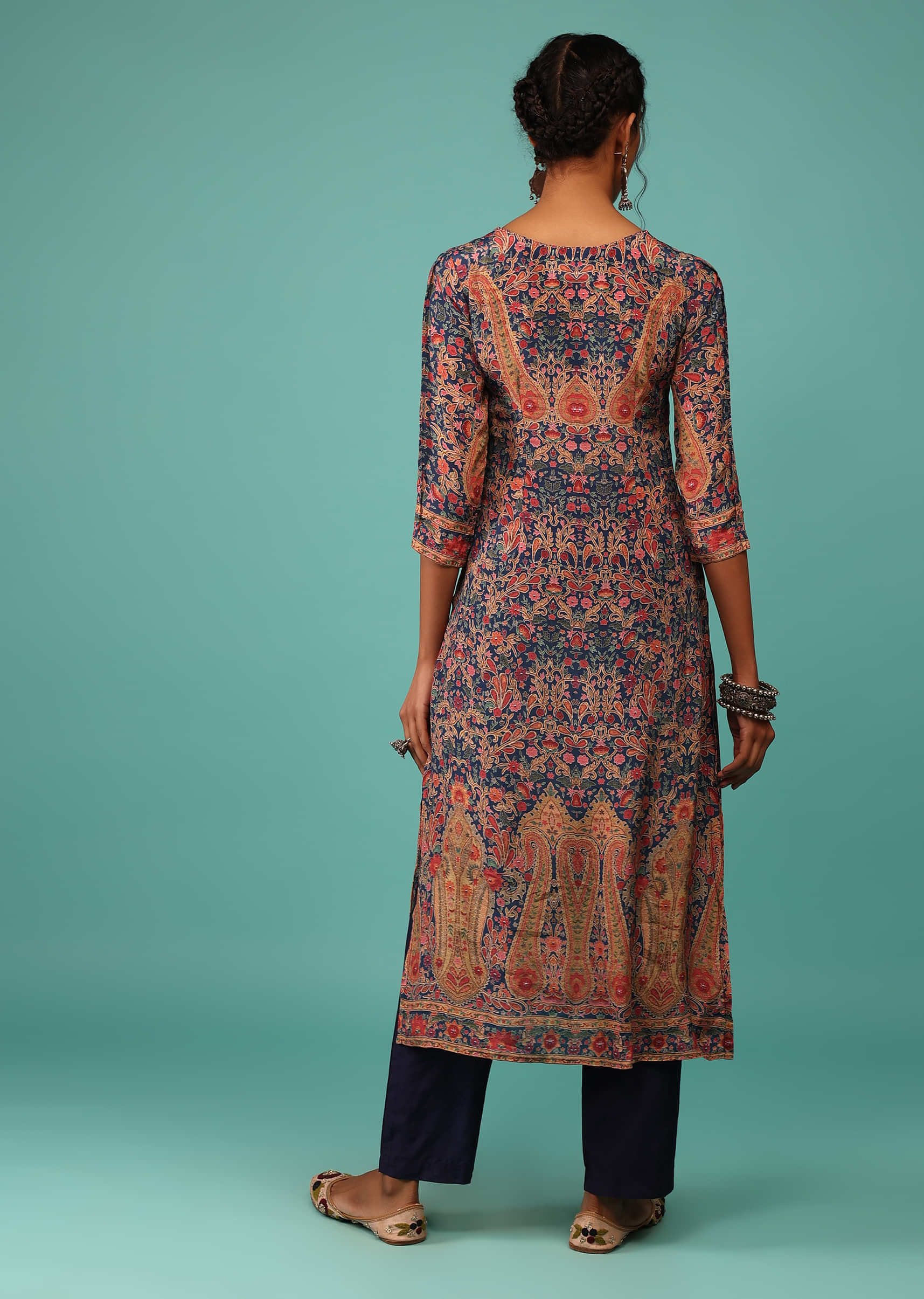 Teal Blue Kurta In Crepe With Kashmiri Floral Print And Embroidery