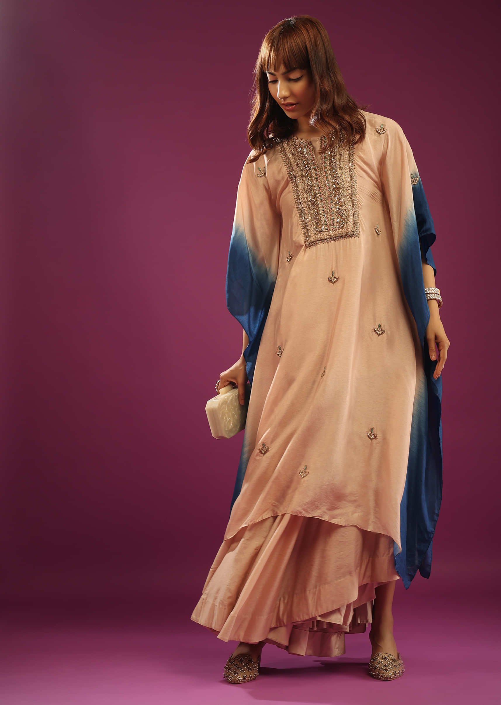 Kalki Ethnic Beige & Blue Kaftan Set With Wide-Leg Palazzo And Heavy Embroidery