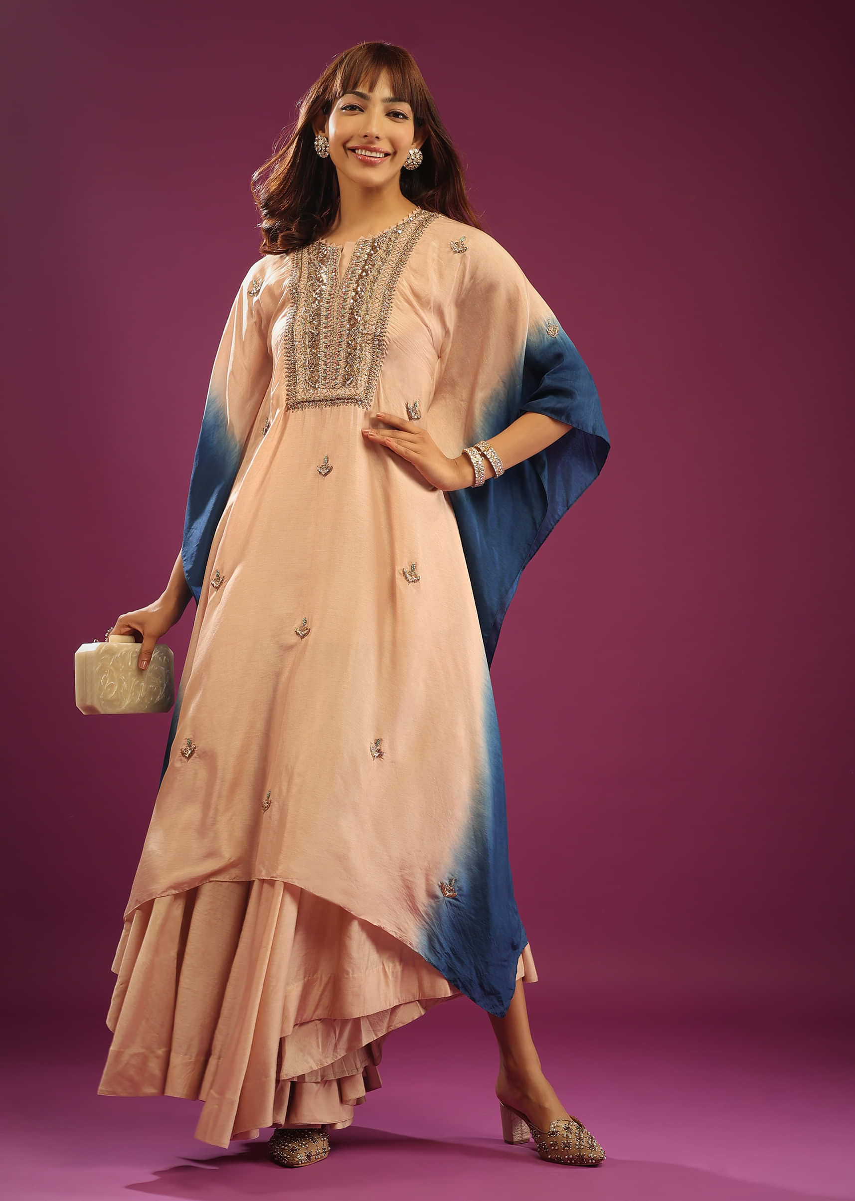 Beige & Blue Ombre Kaftan Set With Wide-Leg Palazzo And Heavy Embroidery